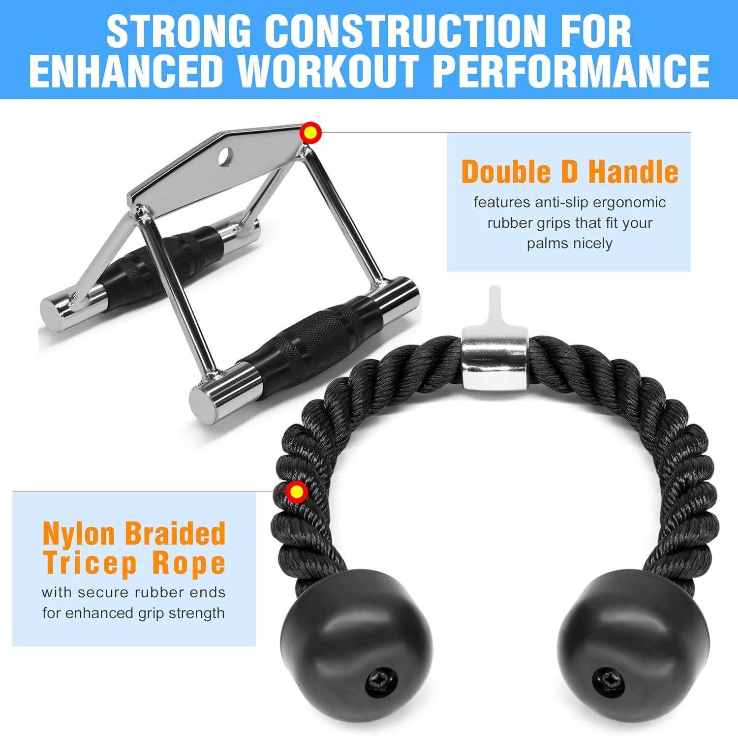 Versatile 2-Piece Gym Cable Attachments: Durable Double D Handle & Tricep Rope