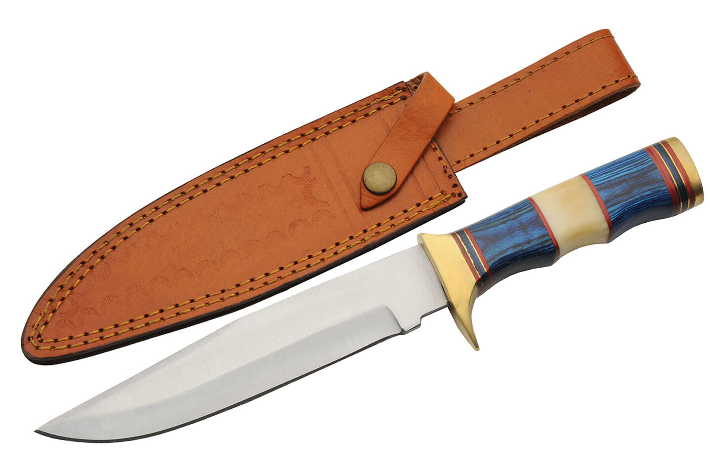Hunting Knife | 7.25in Steel Blade Bone Brass Blue Wood Handle + Leather Sheath