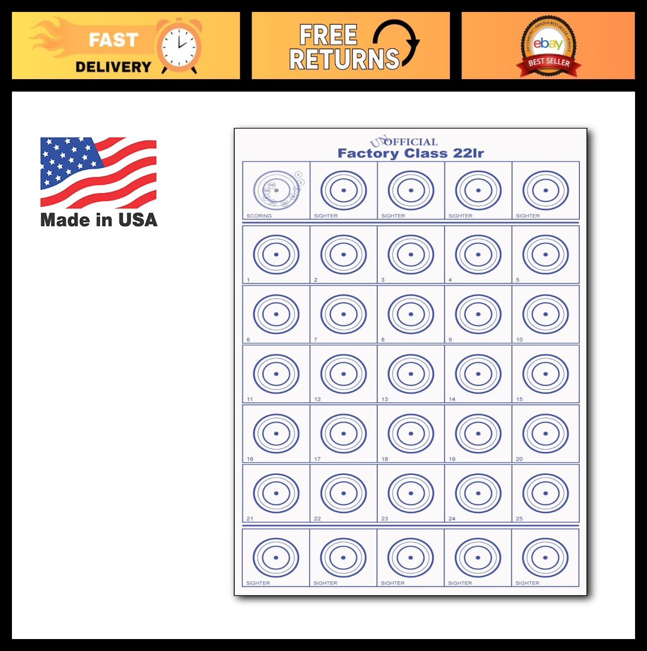 50 Pack 22LR Shooting Targets - Unofficial Factory Class Paper Targets for Pract