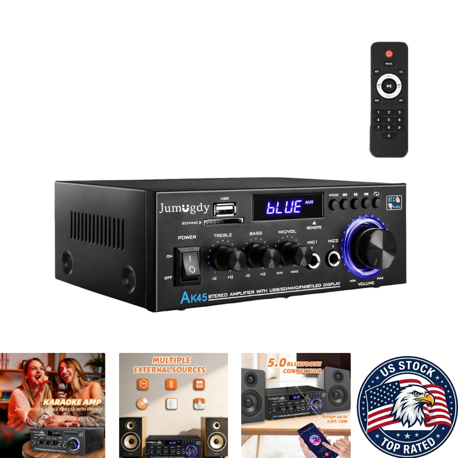 Compact 800W Stereo Receiver & Amplifier with Bluetooth, FM Radio & USB Inputs