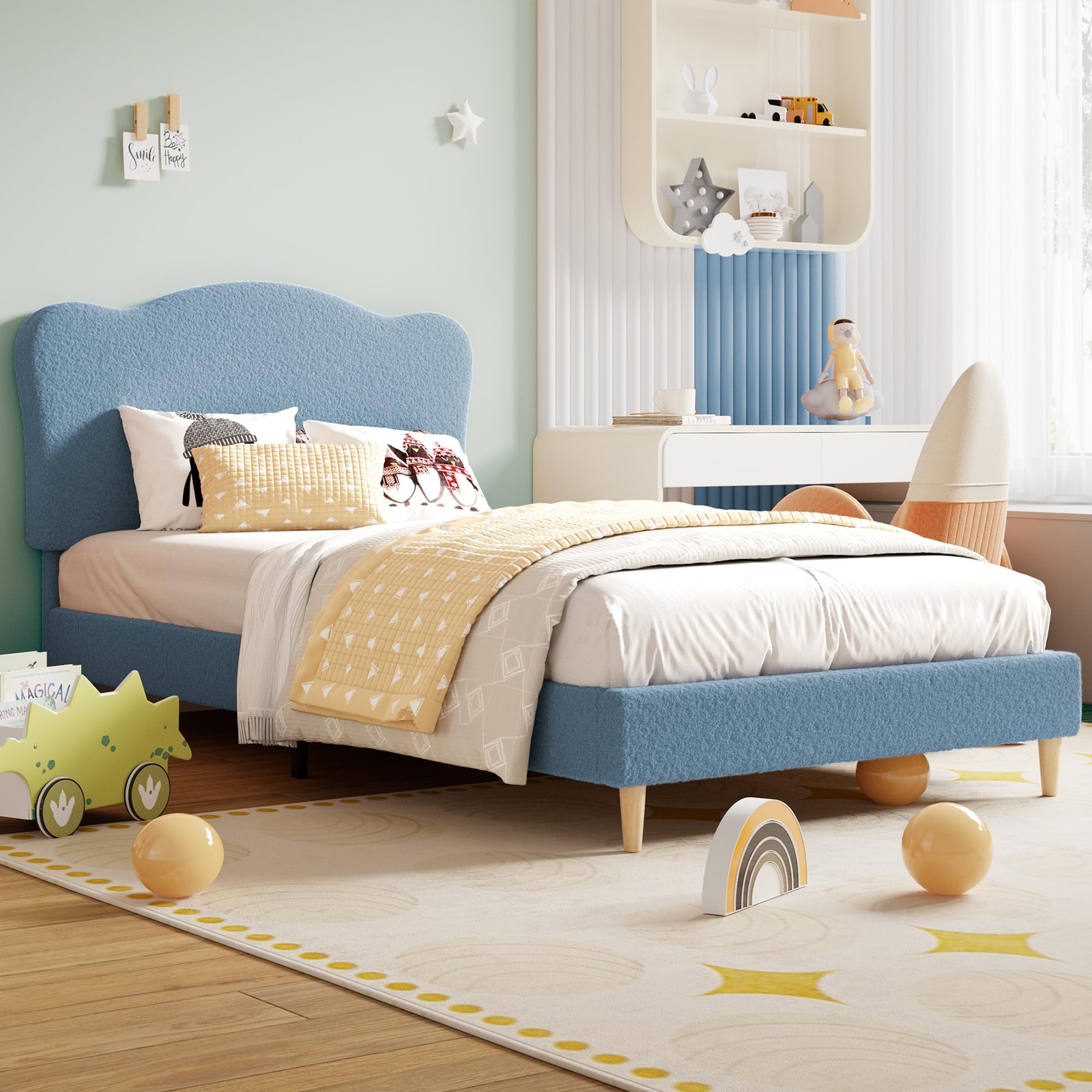 Twin Size Bed Frame Upholstered Kids Bed Frame w/Headboard ,Sturdy Platform Bed