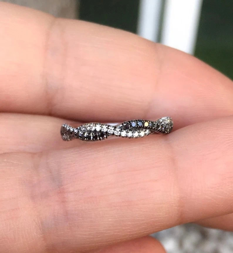 14k White Gold Plated Lab Created Round Cut Black Diamond Engagement Band Ring