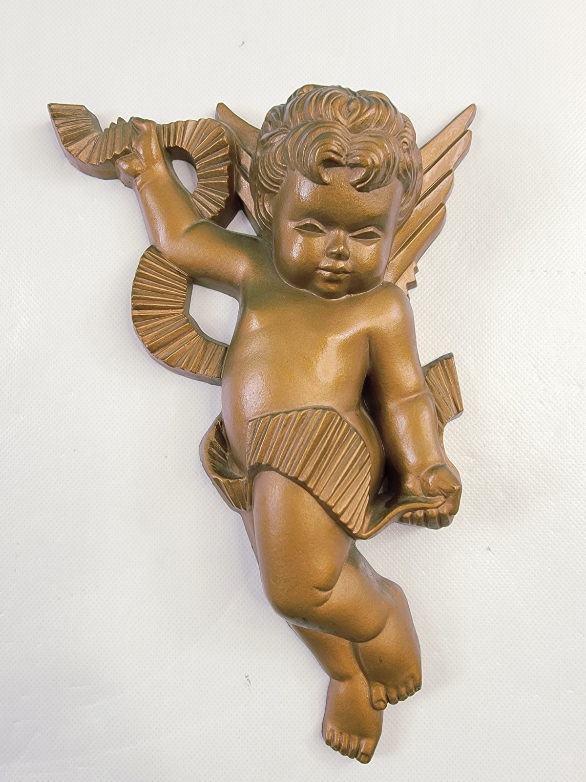 1980 Burwood New Haven #2481 21" Ornate Gold Hanging Wall Clock & 2 1970 Cherubs