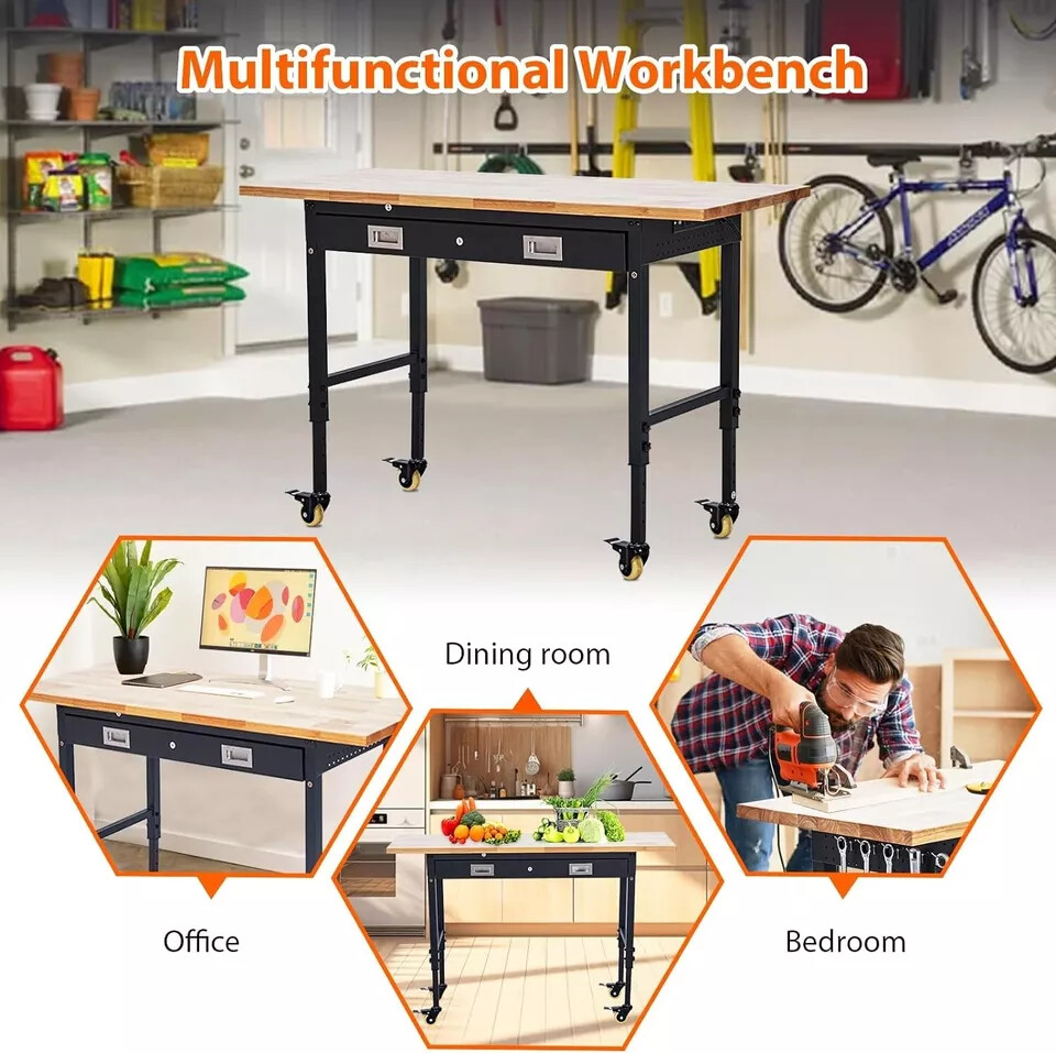 60"x22" Adjustable Height Workbench 2000 LBS Workstation With Drawer & Wheels