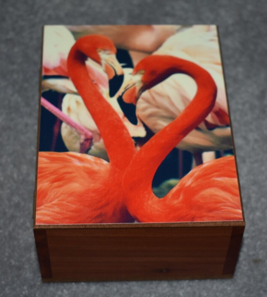 #4613 FLAMINGOS KEEPSAKE JEWELRY WOOD CEDAR BOX 4.5" X 6"