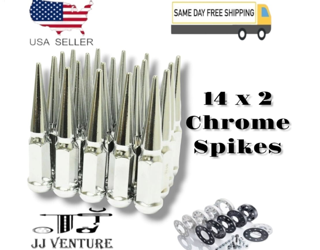 32Pc Chrome 4.5" Tall M14x2 Spike Lug Nut+Key Fit Ford Excursion F250 F350(DRW)