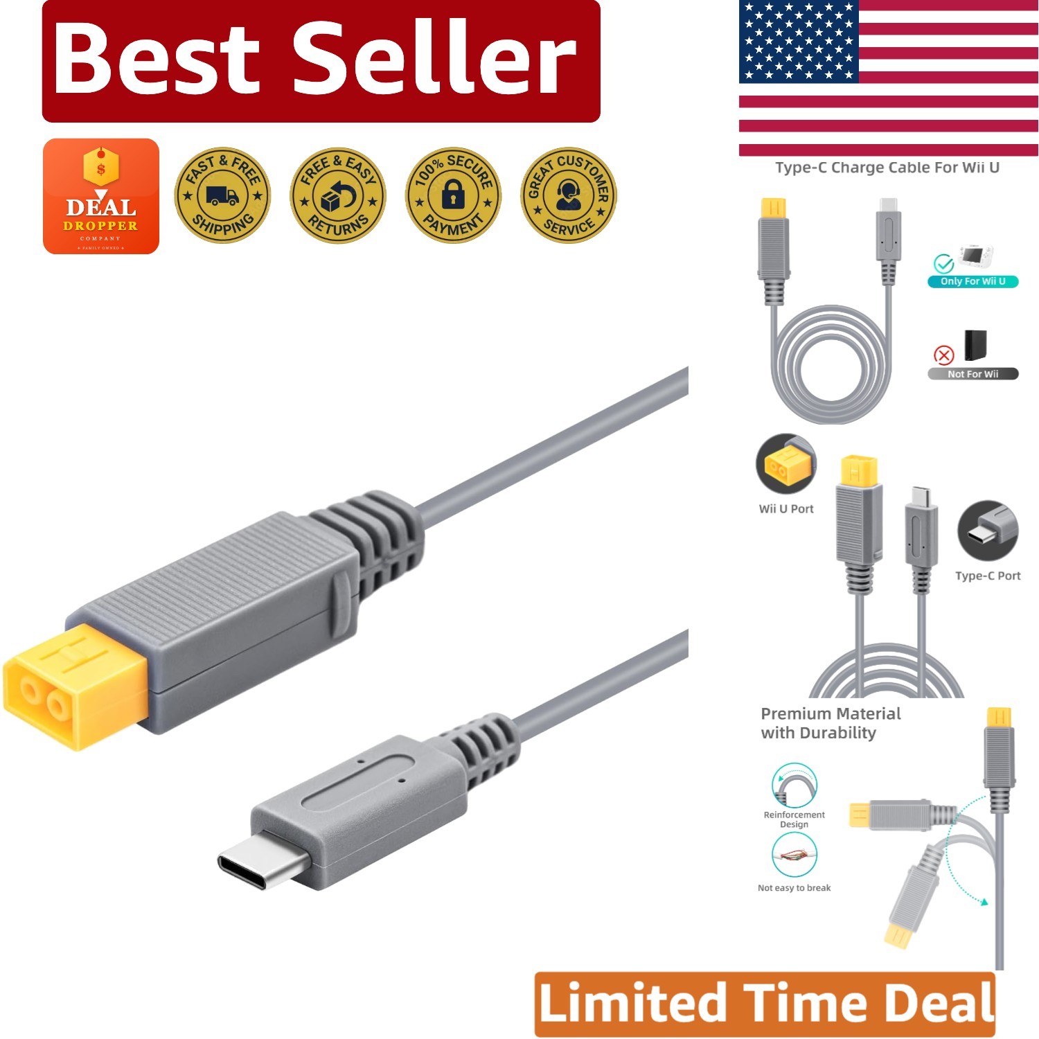 Durable 6.5Ft Type C Power Cable for Wii U - Lightweight & Portable Solution
