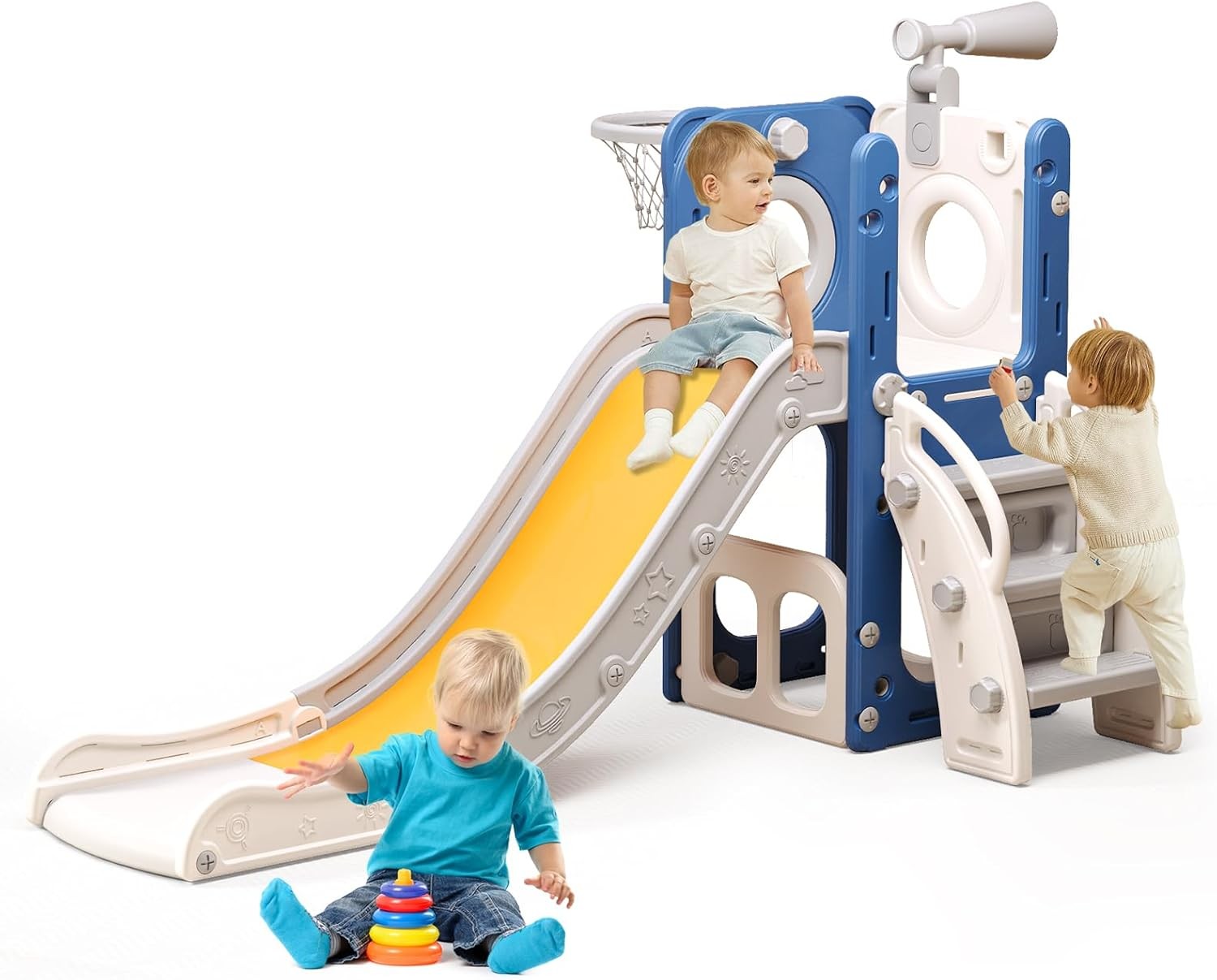 6 in 1 Toddler Playset with Hoop Ball Kids Playground Slide Outdoor Indoor Blue