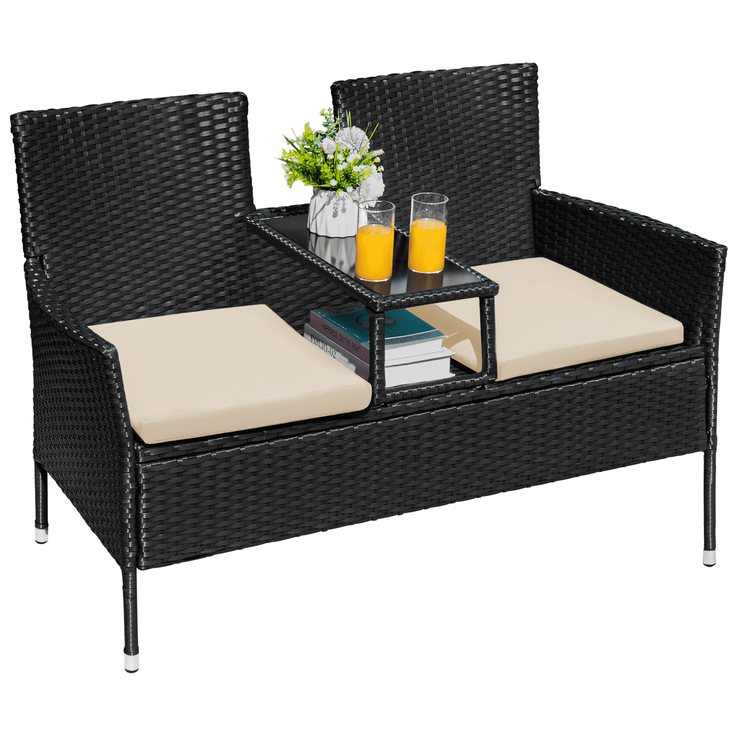 Outdoor Patio Loveseat Modern Rattan Patio Conversation Furniture Set  Beige ﻿