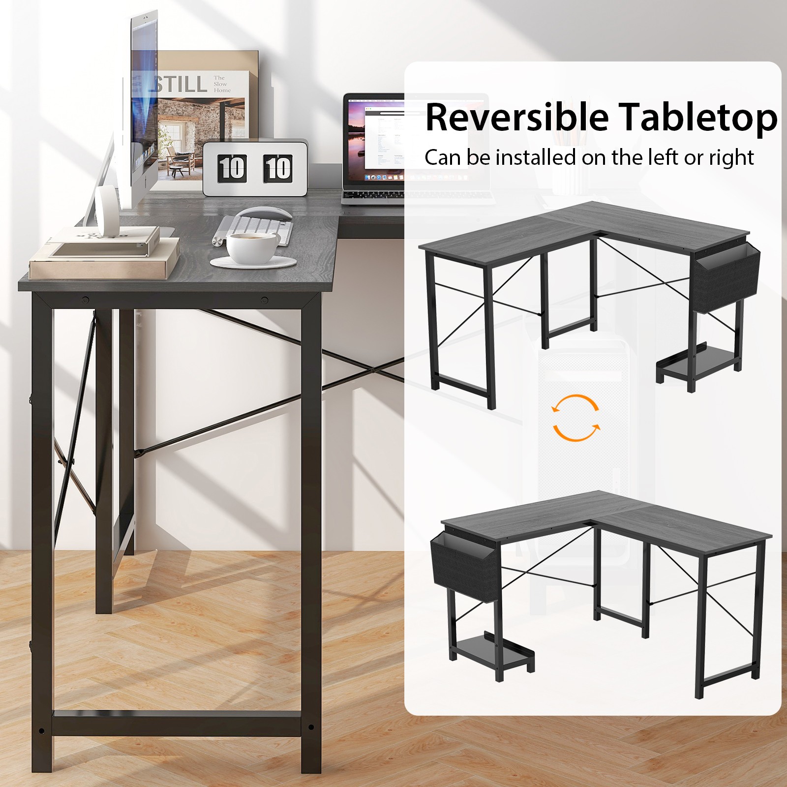 L-shaped Office Desk Corner Gaming Table w/ Storage Pocket & CPU Stand Dark Gray