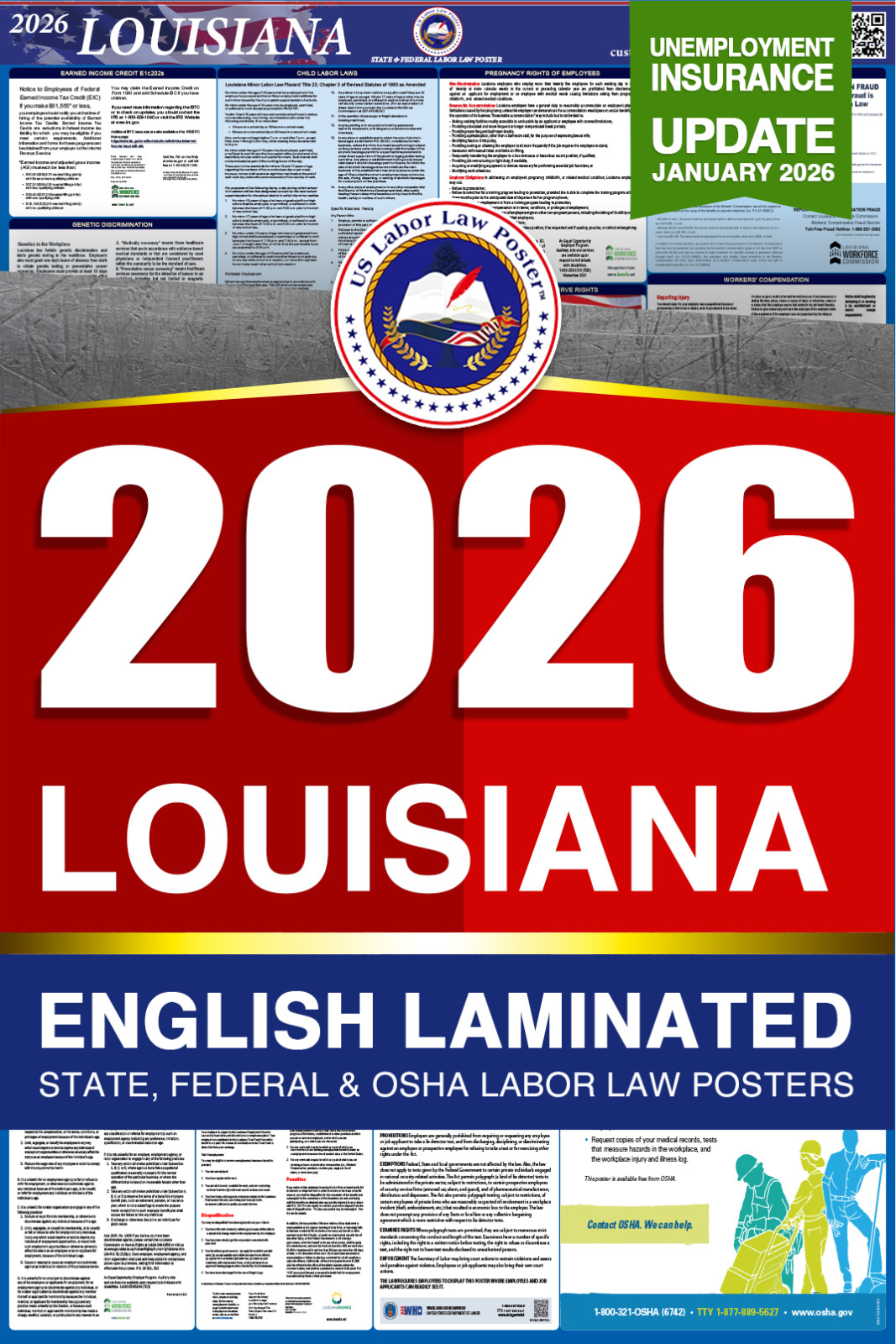 2026 Louisiana LA LABOR LAW POSTER (Federal & State) English Laminated