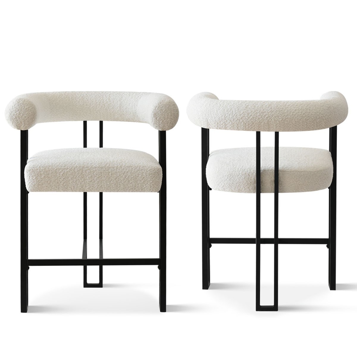 2 Pack Boucle Counter Height Bar Stools Thick Armrest Metal Frame Dining Chairs