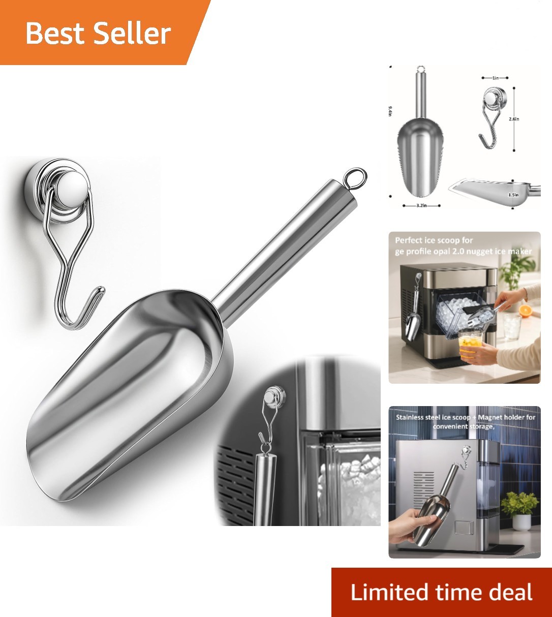 Ergonomic 8oz Stainless Steel Ice Scoop with Magnetic Hook for Opal Ice Maker