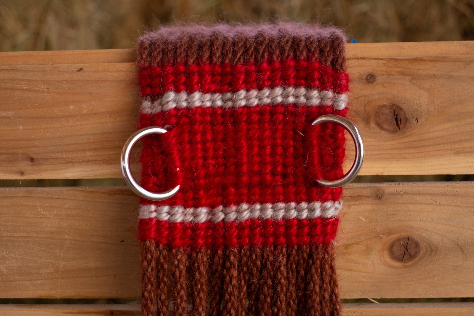 Hand Woven 25" Mohair Cinch. Red & brown. 3" stainless steel buckles, d rings