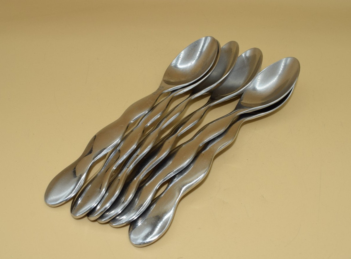 6 Stainless Steel Soup Spoons SASAKI Pea Pod Flatware Frederic Spector Designs