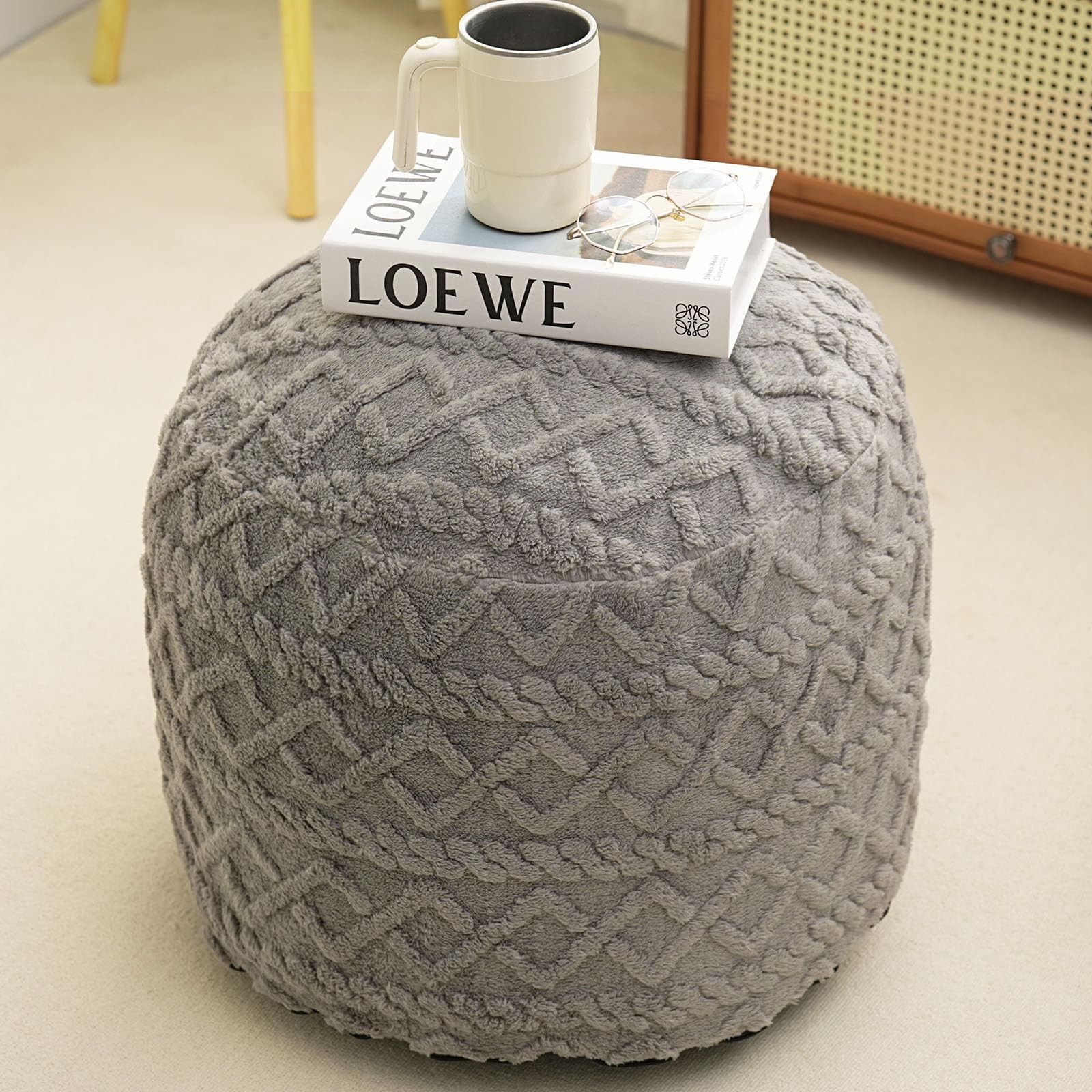 Round Stuffed Pouf Ottoman for Foot Rest, Faux Fur Poufs with Foam Chunk Fill...
