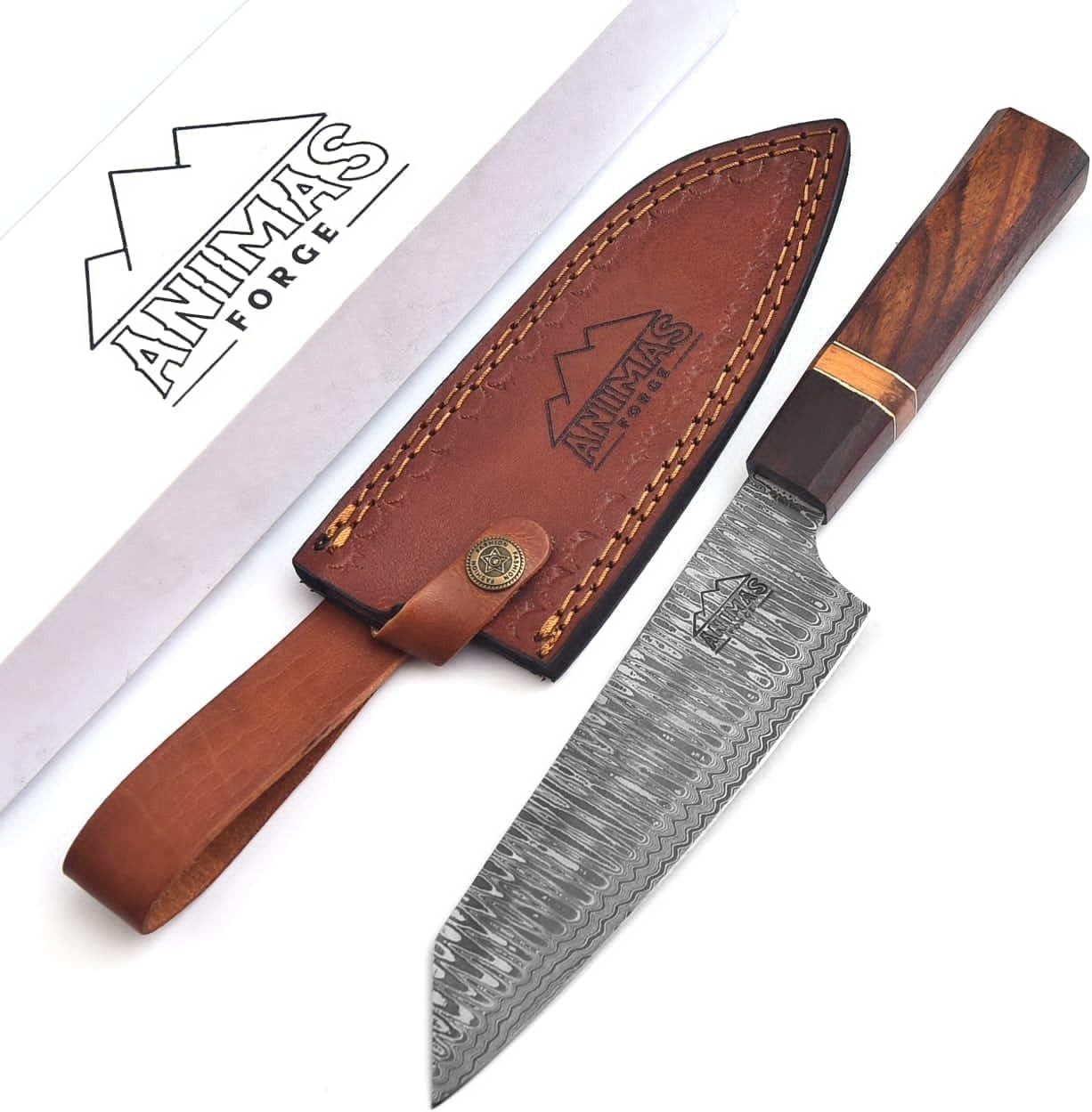 Animas Forge Damascus Chef Knife 7” High Carbon Steel w/ Leather Sheath