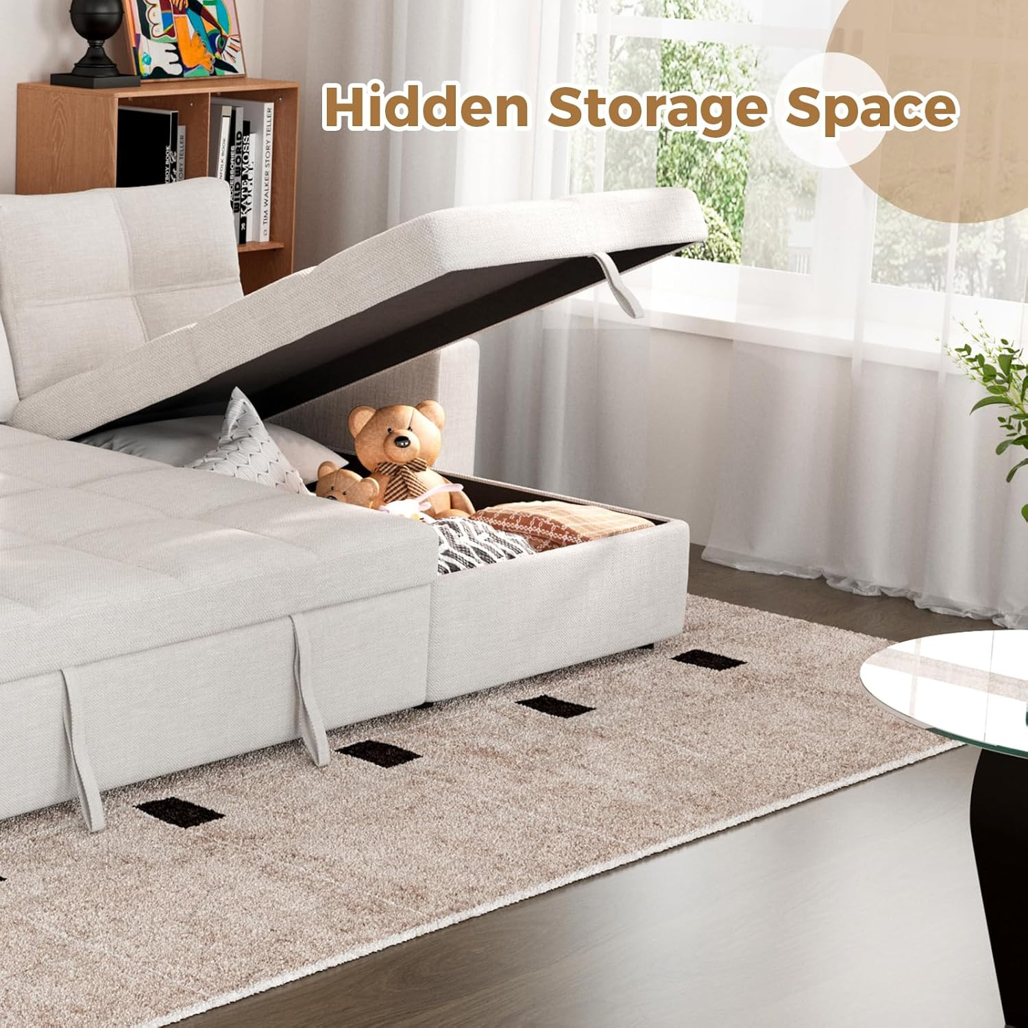 85” 3-in-1 Sofa Bed with Chaise, Charging Station & Cup Holder