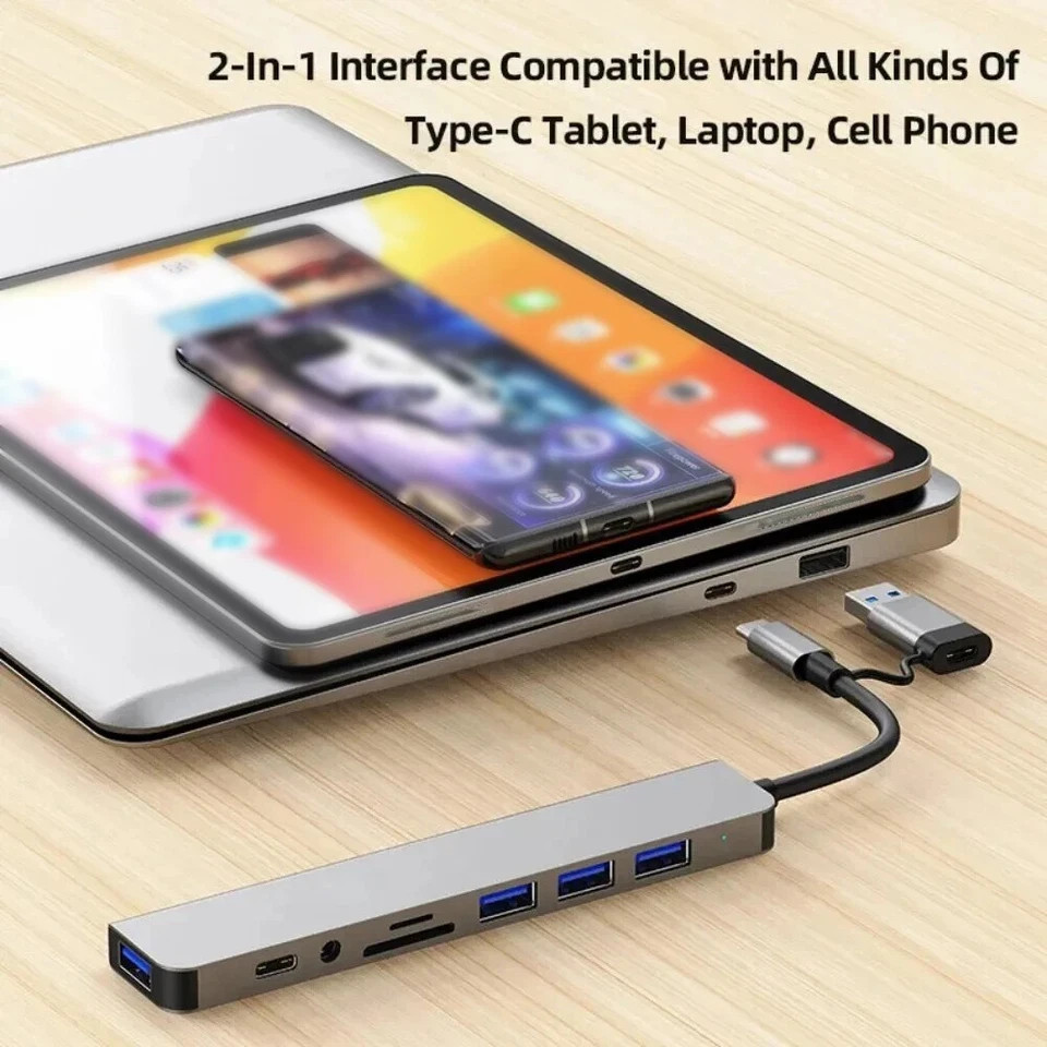 8 Port USB-C Hub Type Adapter 5G Speed Multi USB Splitter for PC Laptop Macbook