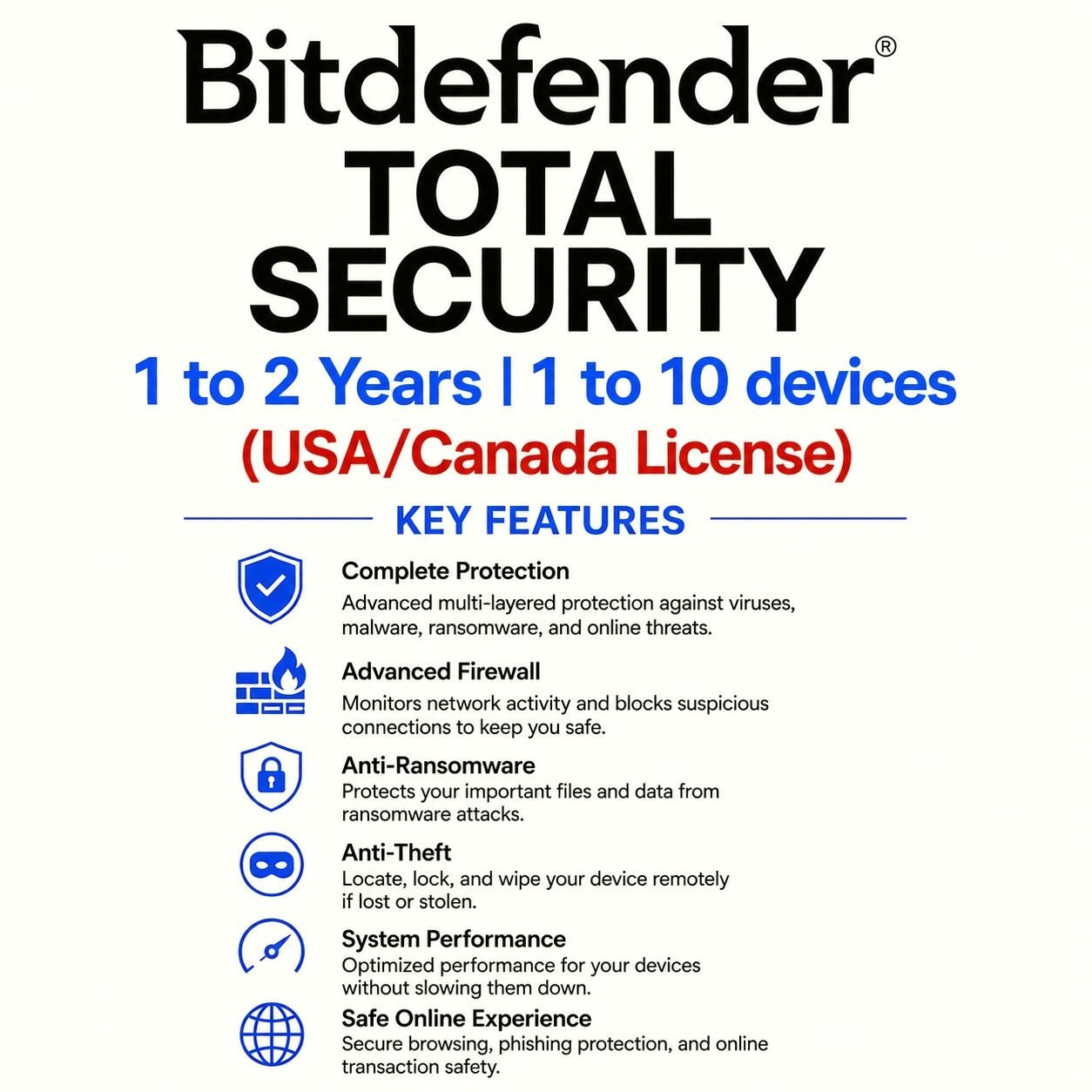Bitdefender Total Security 2026 - 1-2 Years 1-10 Devices USA/CANADA