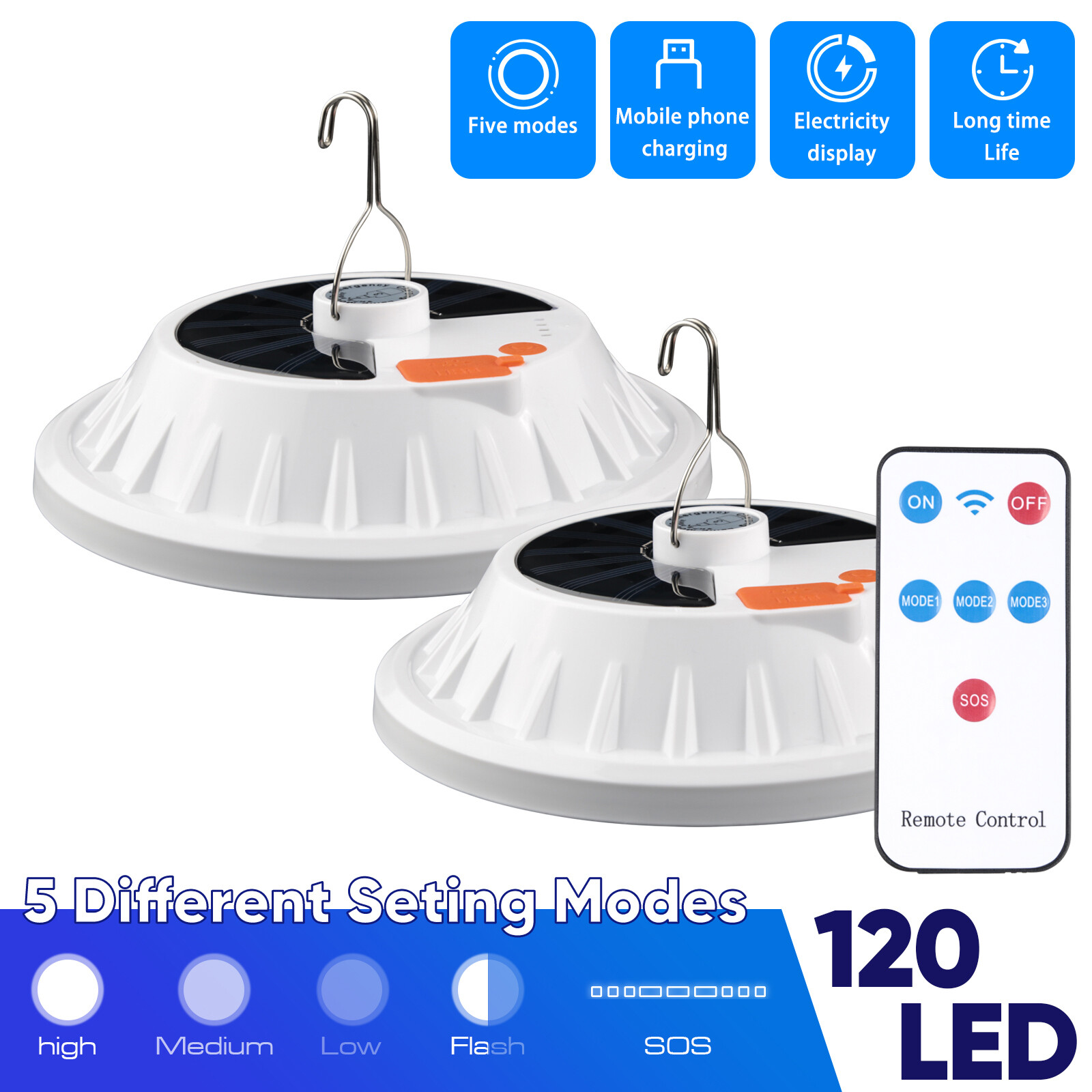 Solar/USB Rechargeable 120LED Camping Light Tent Flashlight Hiking Lantern Lamp