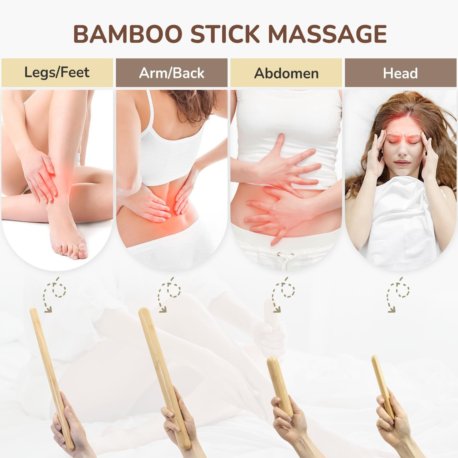 4PCS Solid Bamboo Massage Sticks & Guasha Set with Roller/Stick - Natural