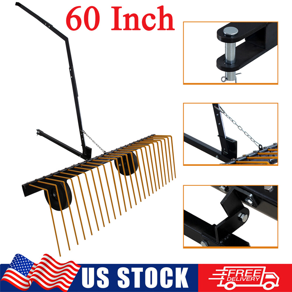 Yard Tuff 60" Pine Straw ATV Tow Behind Steel Landscape Rake w/ Wheels & Handle