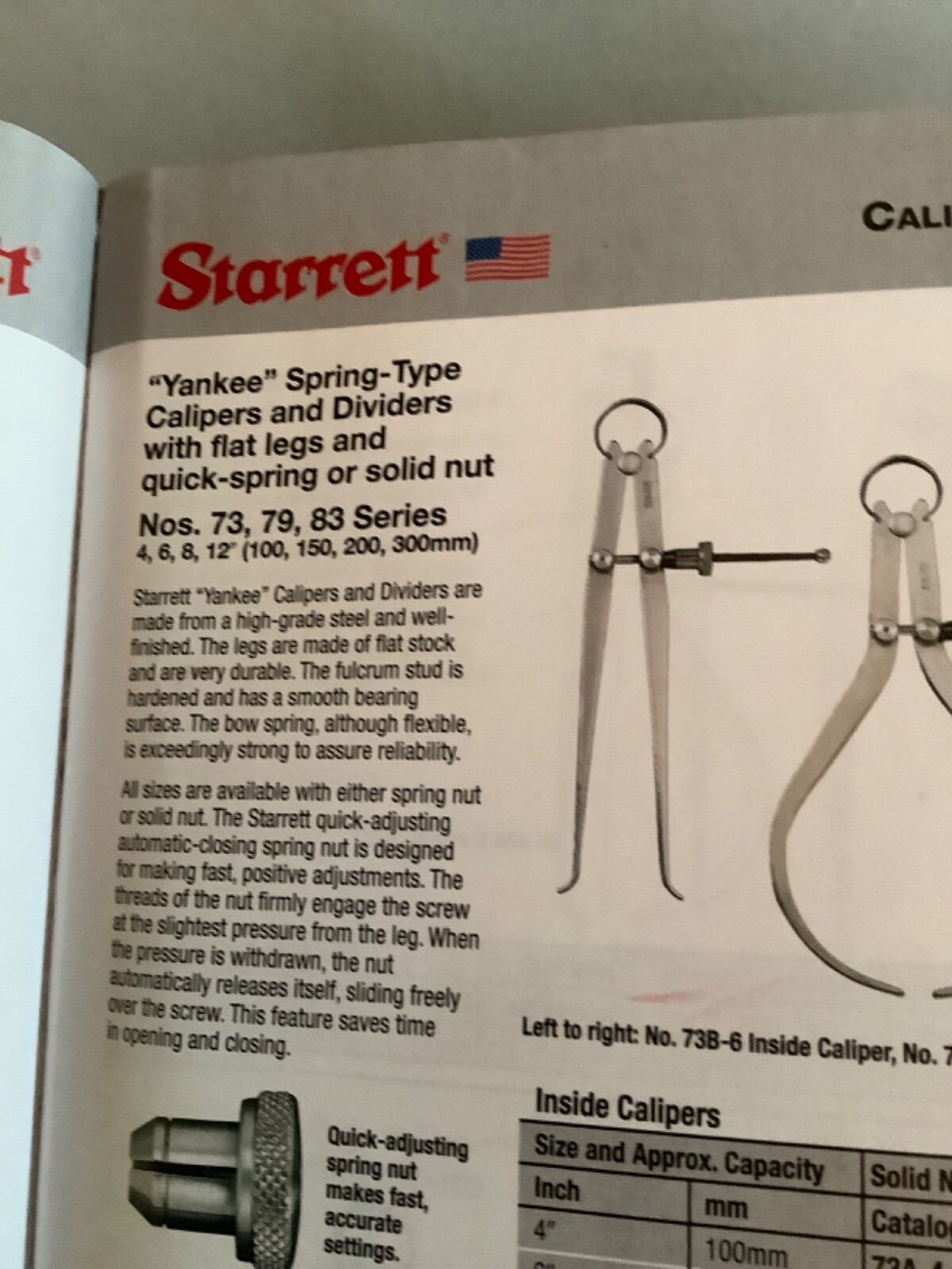 Starrett 73B-4 Yankee Spring type inside Caliper, Quick Spring Nut EDP # 50335