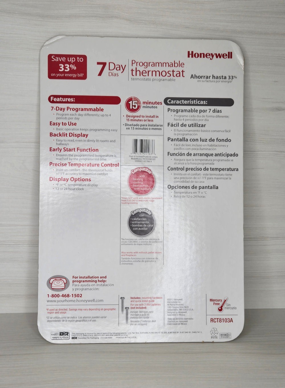 Honeywell RCT8103A 7-Day Programmable Thermostat Open Box Packaging Damaged