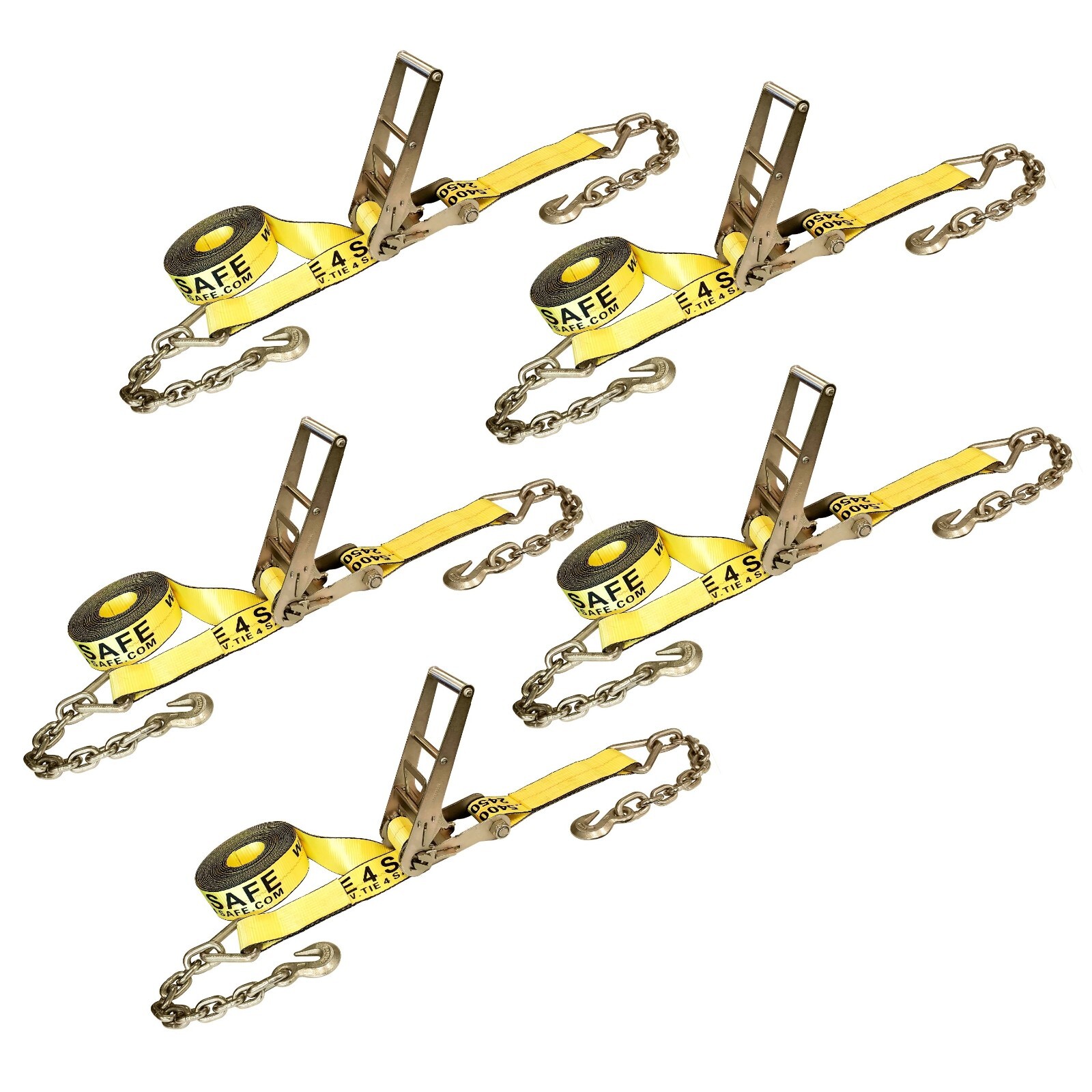 5 Pack 3" x 30' Ratchet Tie Down Strap w/ Chain Extension WLL 5400 LBS YELLOW