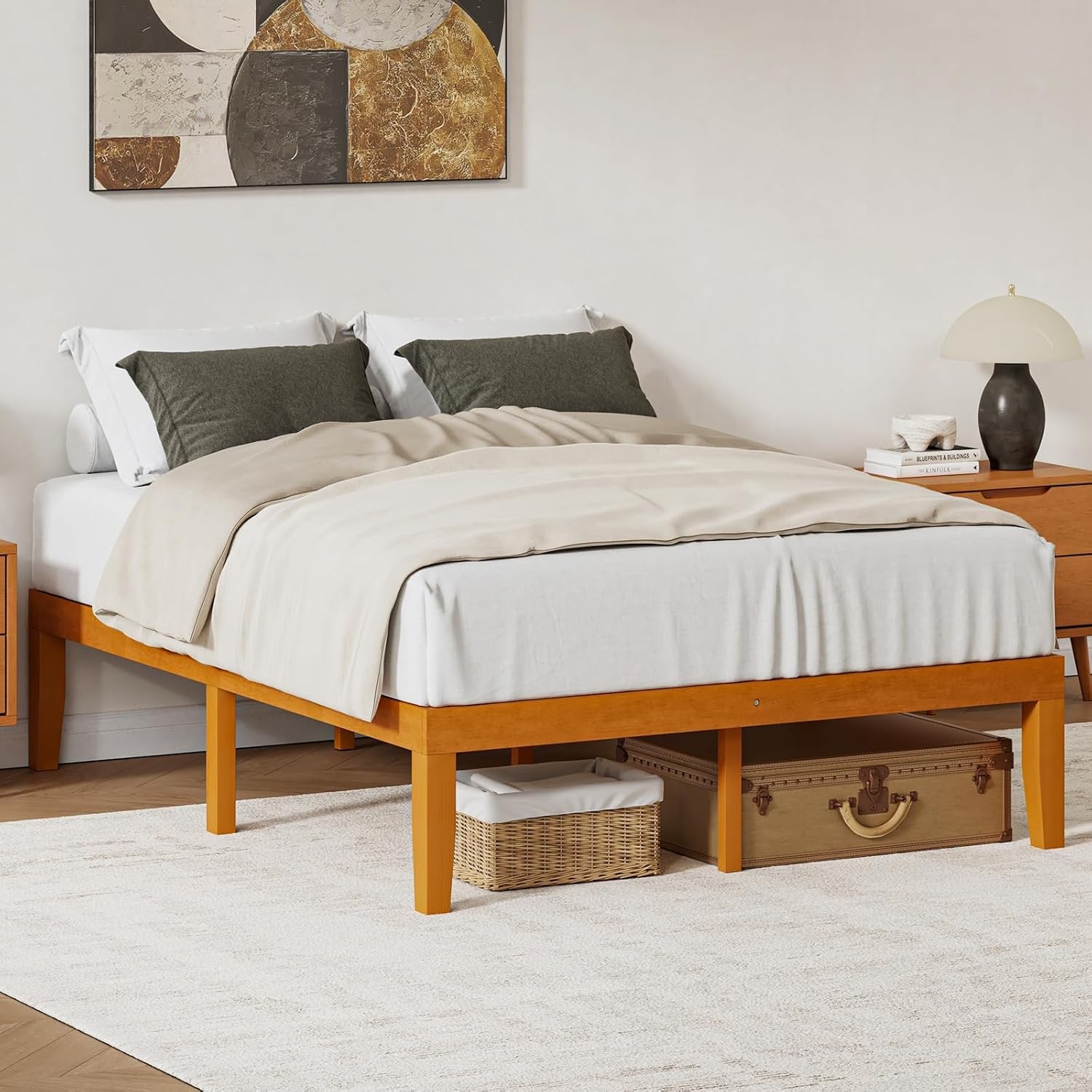 Queen Solid Bed Frame Wood 16 Inches Sturdy Platform Bed with Heavy Duty Wooden