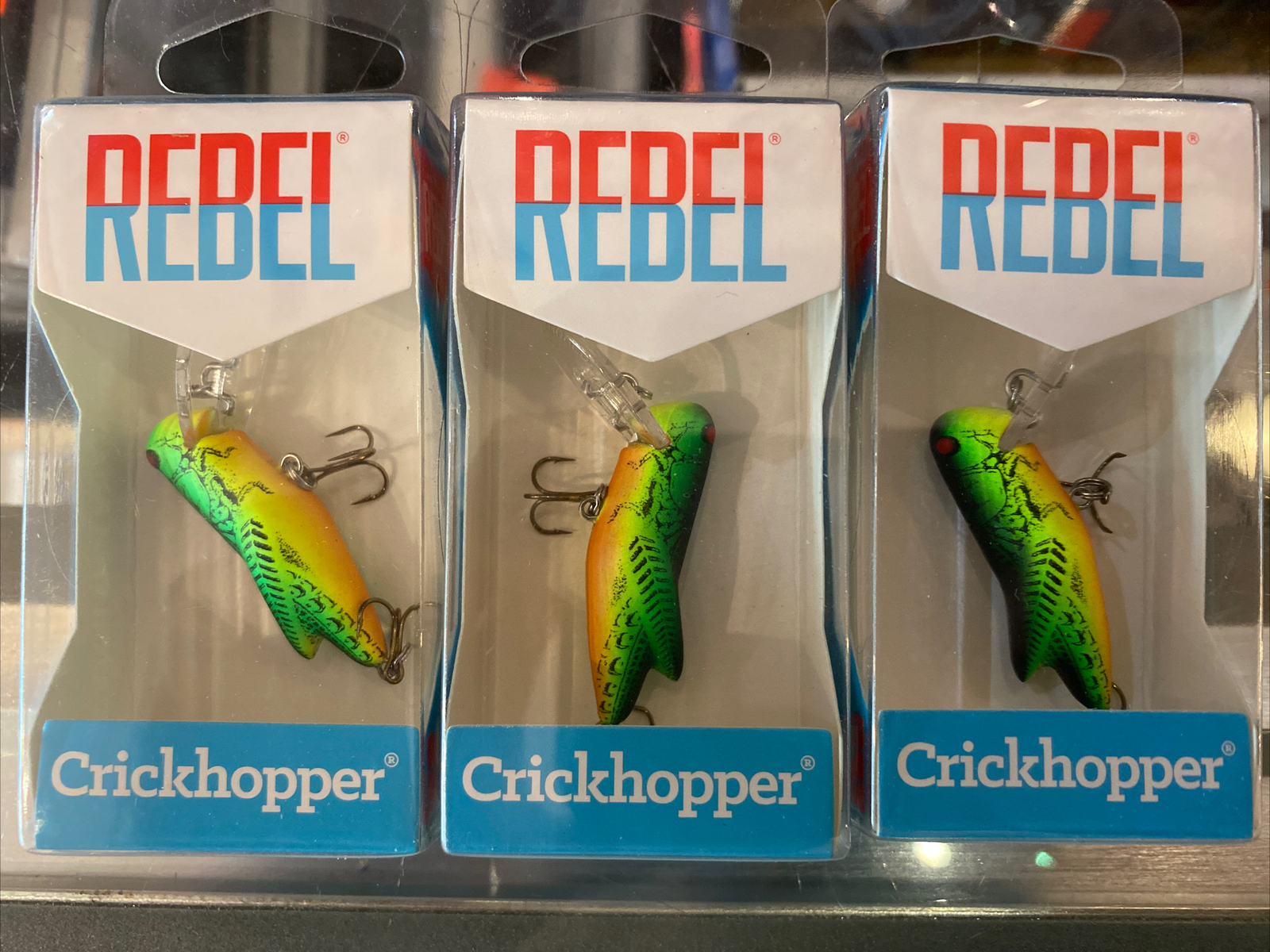 lot of 3-Rebel Crickhopper Crank Baits,Fire Tiger, 3/32 oz Fishing Lurres
