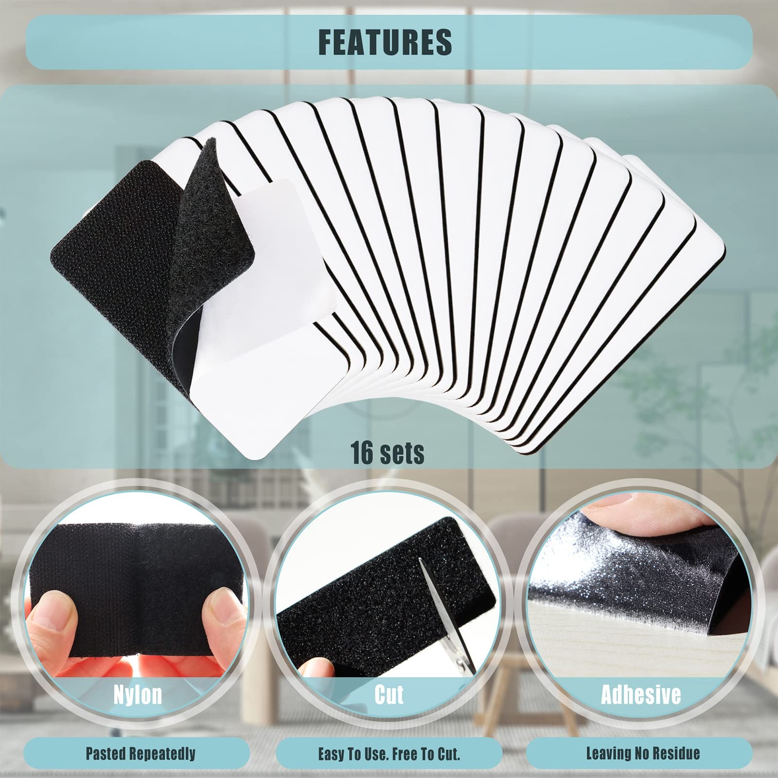 16 Sets 2x4 inch Strips with Adhesive - Heavy Duty Hook and Loop Tape - Strength