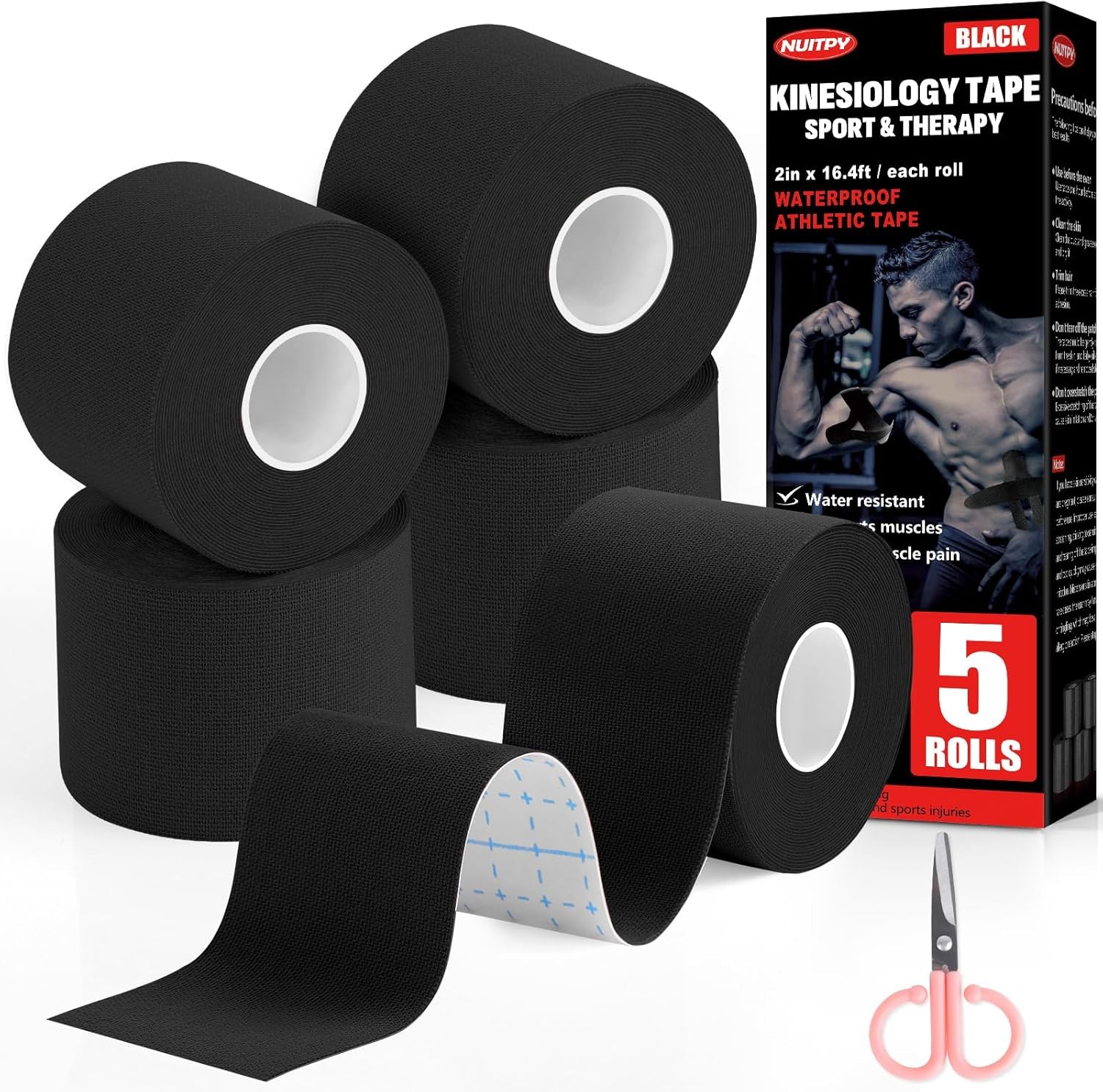 5 Rolls Kinesiology Tape, 2 inch x 16.4 Feet Waterproof Athletic Tape, Uncut Kin