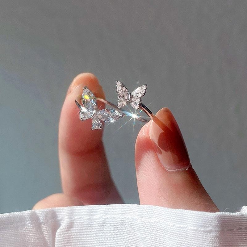 925 Sterling Silver Butterfly Zircon Open Ring Elegant Wedding Jewelry Women New
