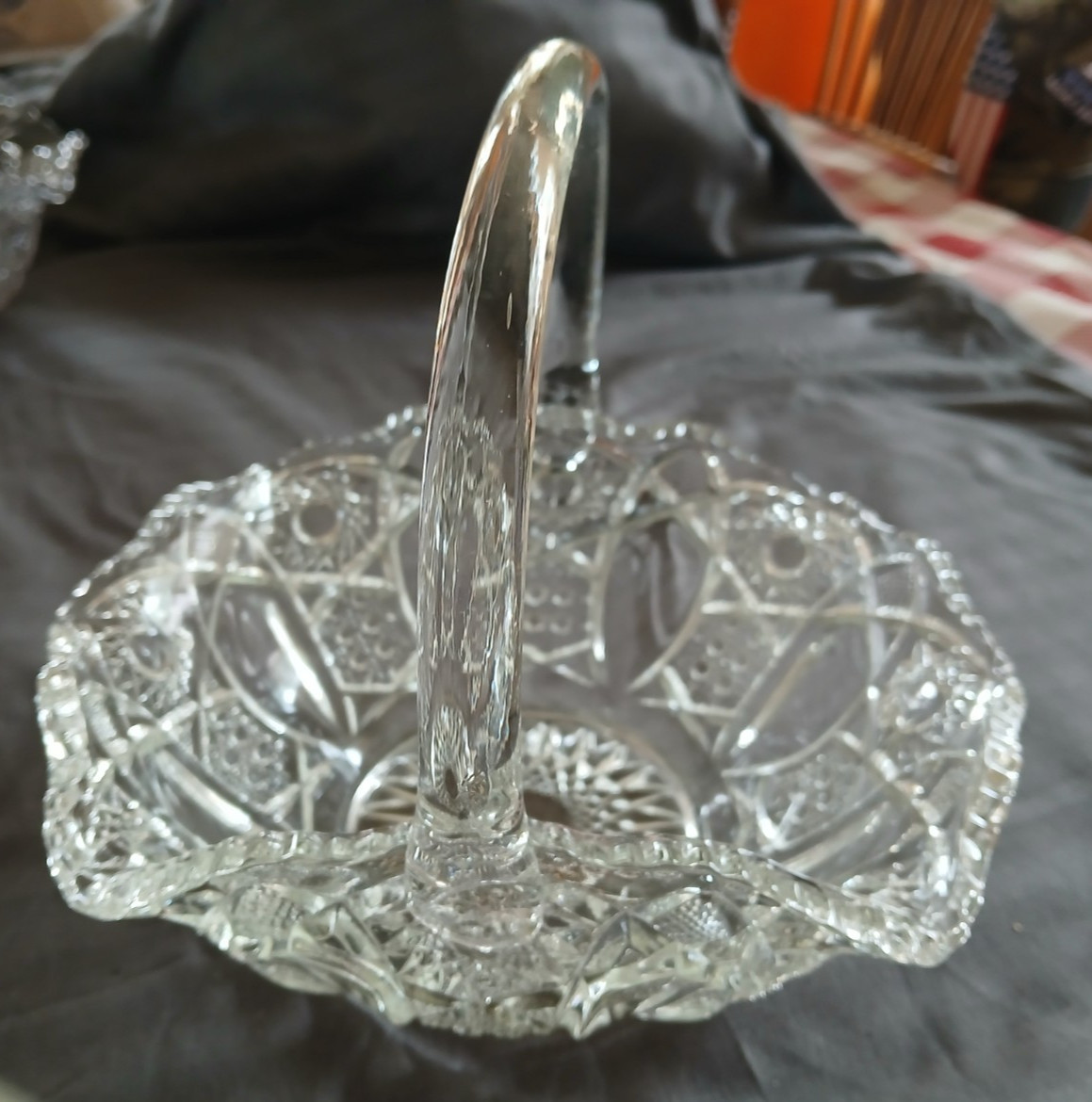 Clear Glass Basket With Handle 7 3/4” Tall. / Marked with an S