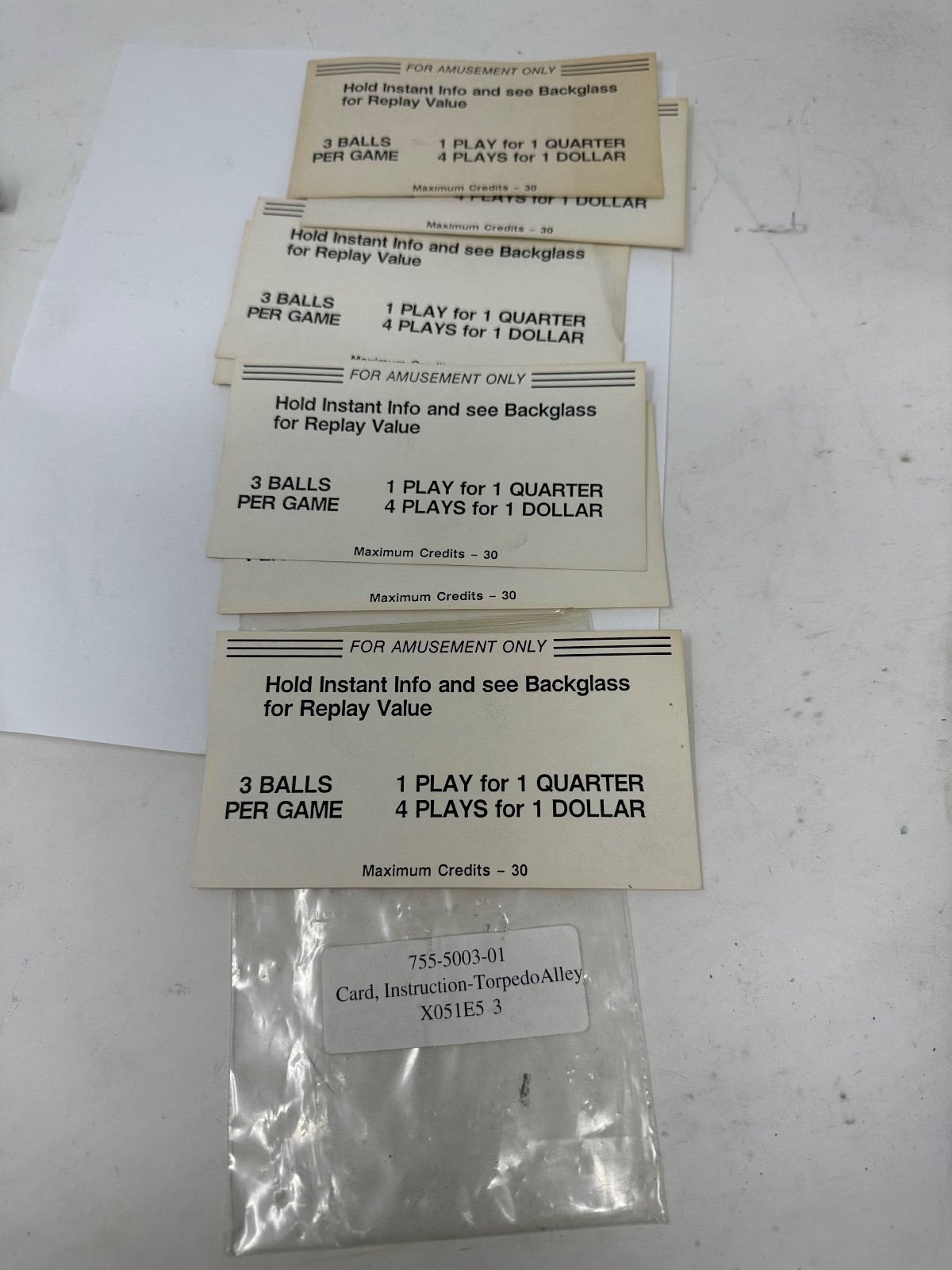 NOS Data East Torpedo Alley credit cost/ball per game apron cards -  7 pcs.