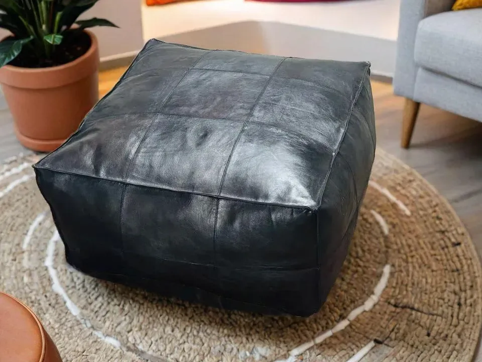 30'' Black Un-Stuffed Ottoman Leather Moroccan Footstool Aamazing Genuine Pouffe
