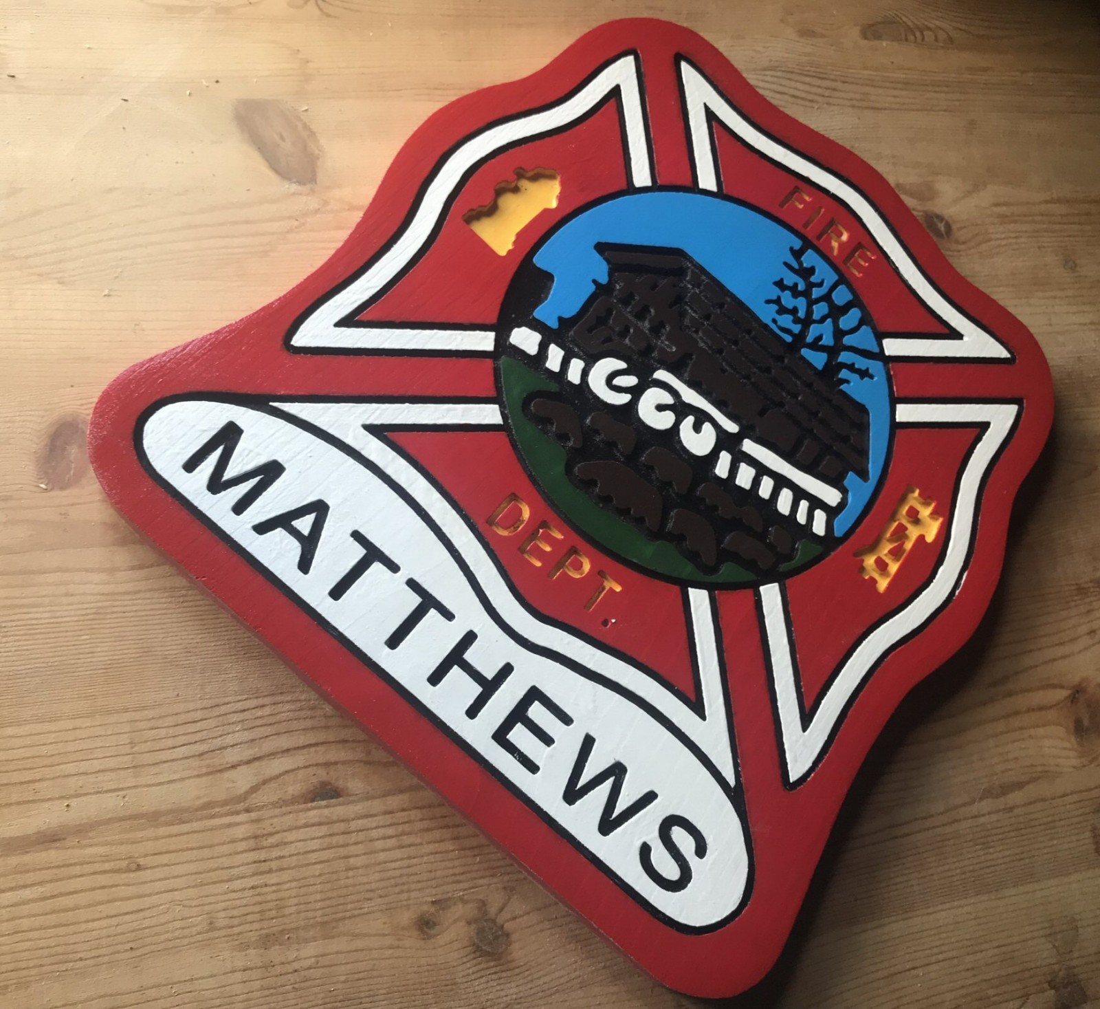Fire Department Matthews Old  Style 3D routed wood plaque wood patch sign