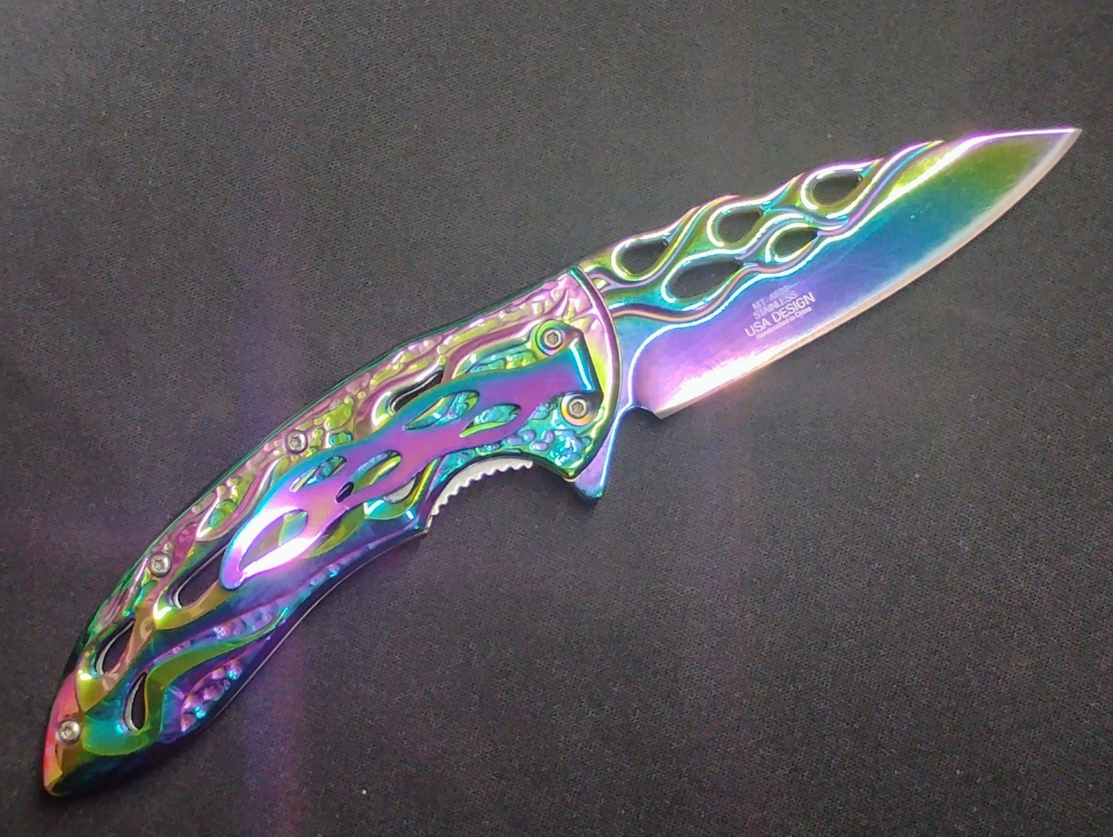 MTECH Assisted Opening Pocket Knife Rainbow Flame Cutout Fire Pattern Blade EDC