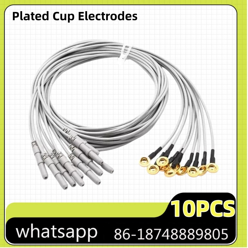EEG Cable 10 leads Lead wires Golden Plated Cup Electrodes 10PCS New