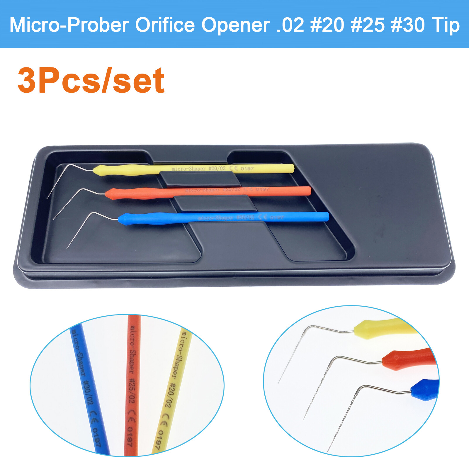 Micro-Prober Orifice Opener .02 #20 #25 #30 Metal Tip Tool Dental Endo 3pcs/Set