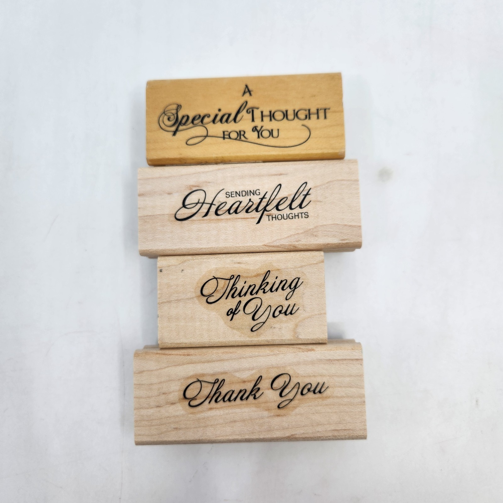 4 Wood Mounted Rubber Stamps Script Phrases Thank You Heartfelt Thoughts