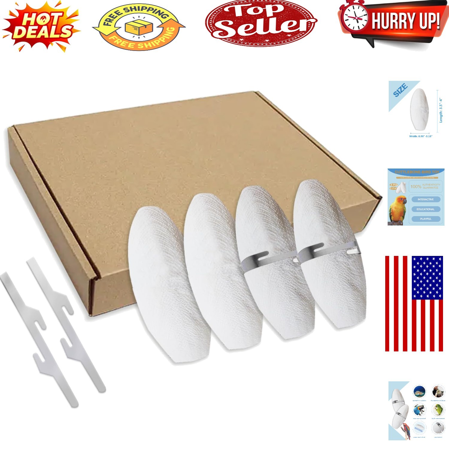 3.5"-4" Cuttlebone for Birds -  Calcium Supplement with Holder (4 Pcs)