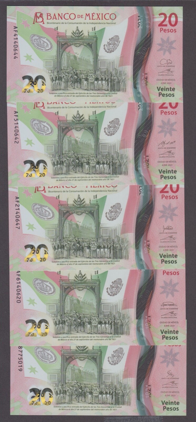 MEXICO P.NEW 20 PESOS 2021 PFX AF  5 DIFFERENT SIGNATURES UNC WE COMBINE    2407