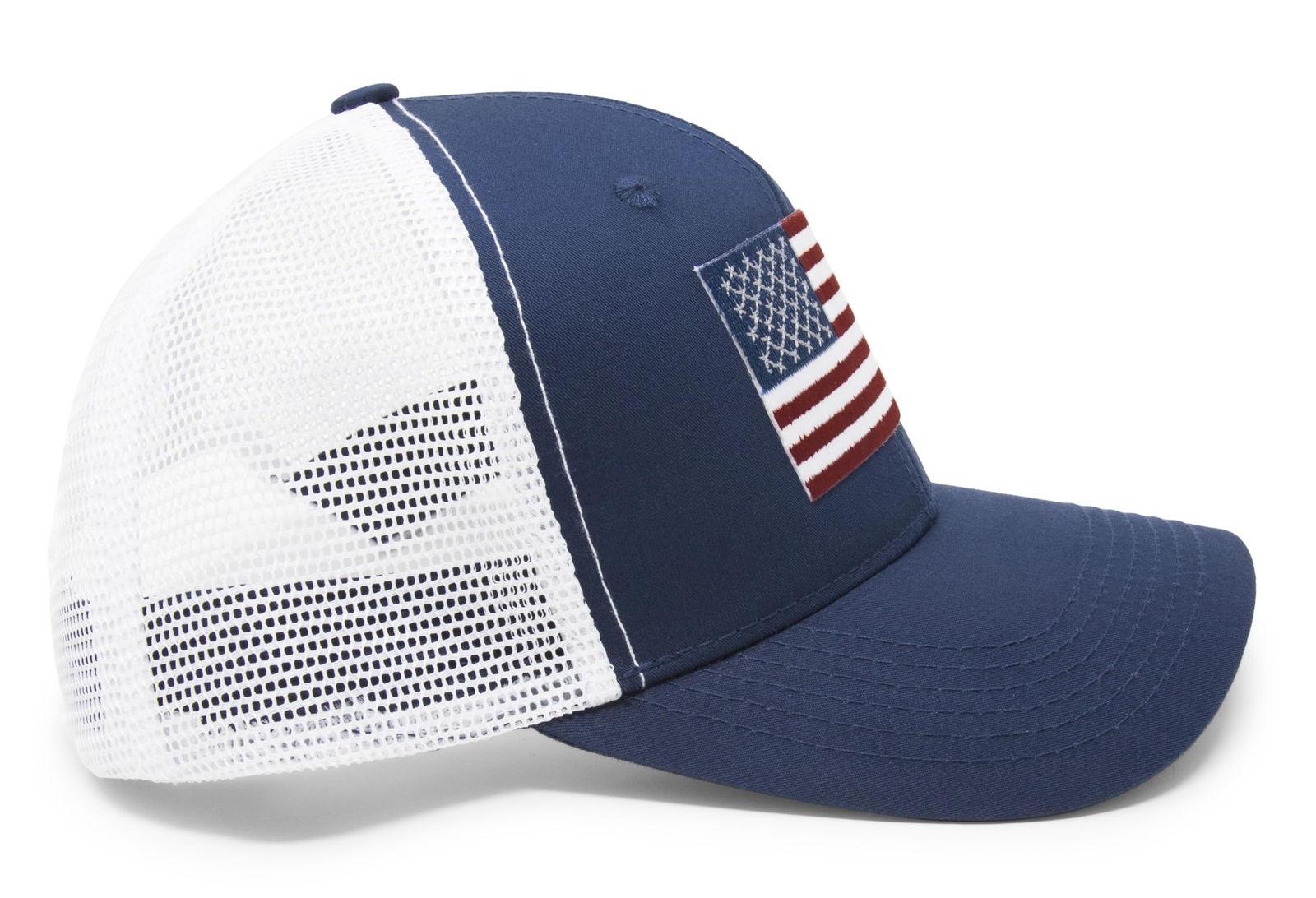 American Flag Hat - USA Flag Patriotic Trucker Baseball Snapback (Navy/White)
