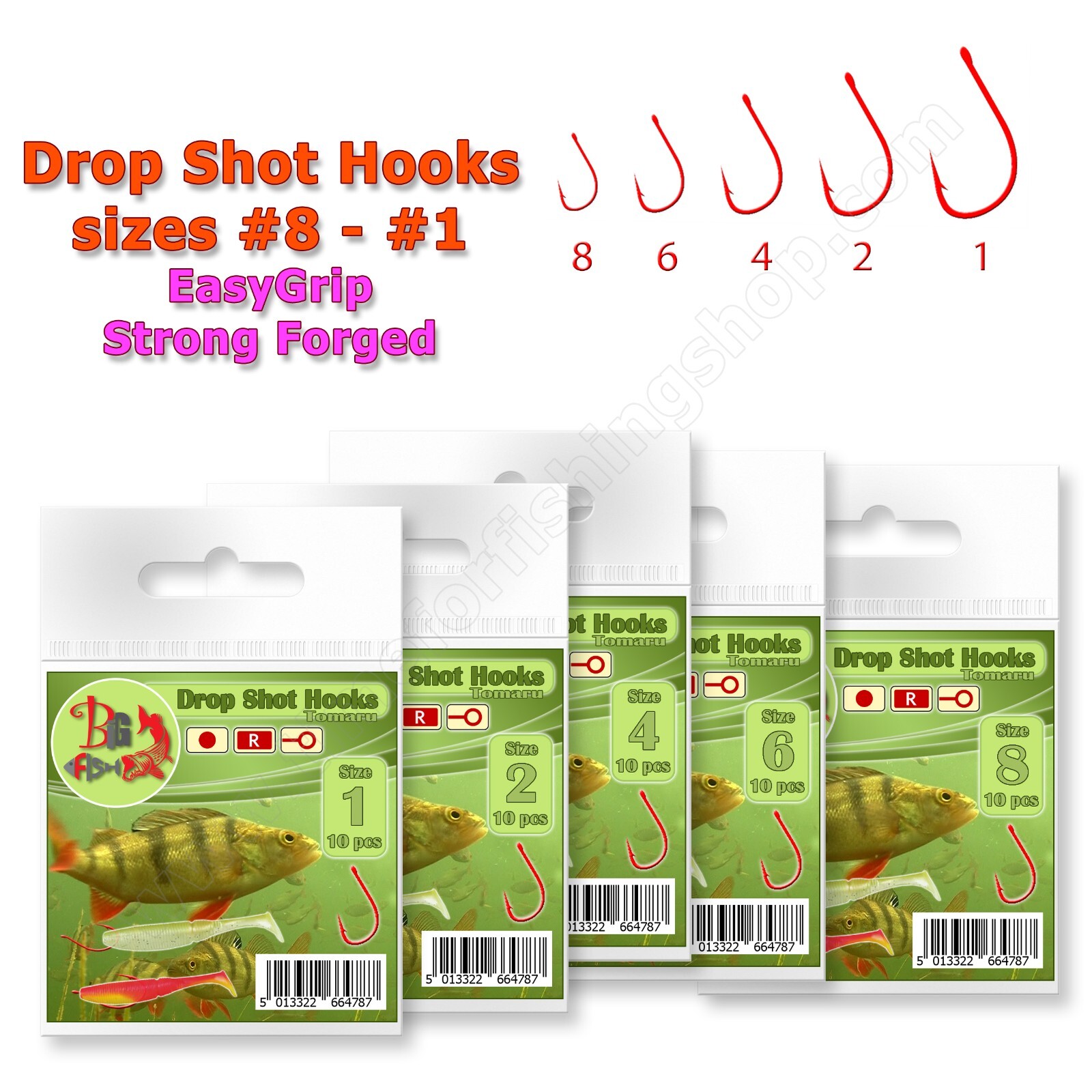 Drop Shot Hook Pike Perch Bass Wrasse Coarse Sea Fishing Strong Red Soft Lure