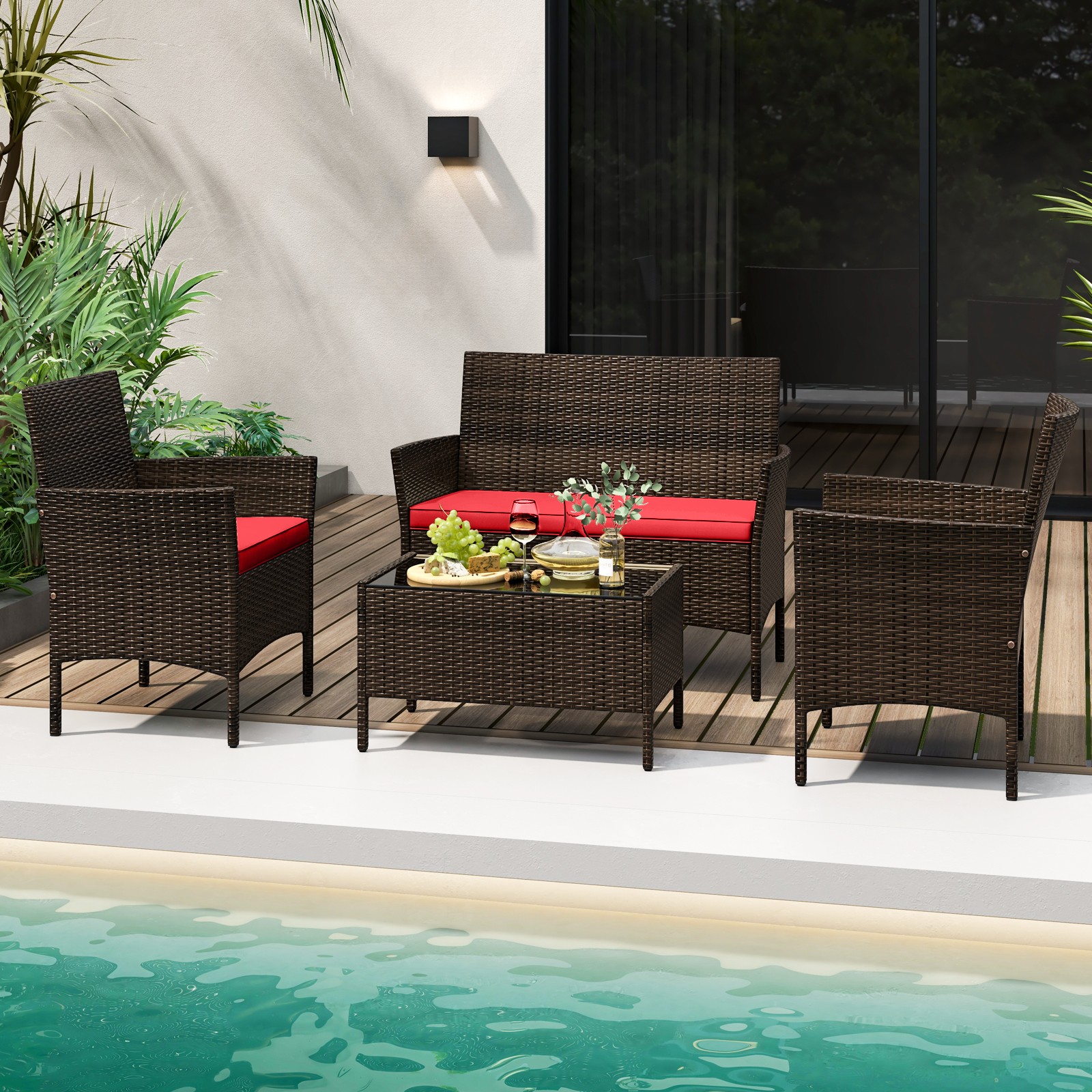 4PCS Outdoor Furniture Set Patio Rattan Conversation Set w/ Red Cushion