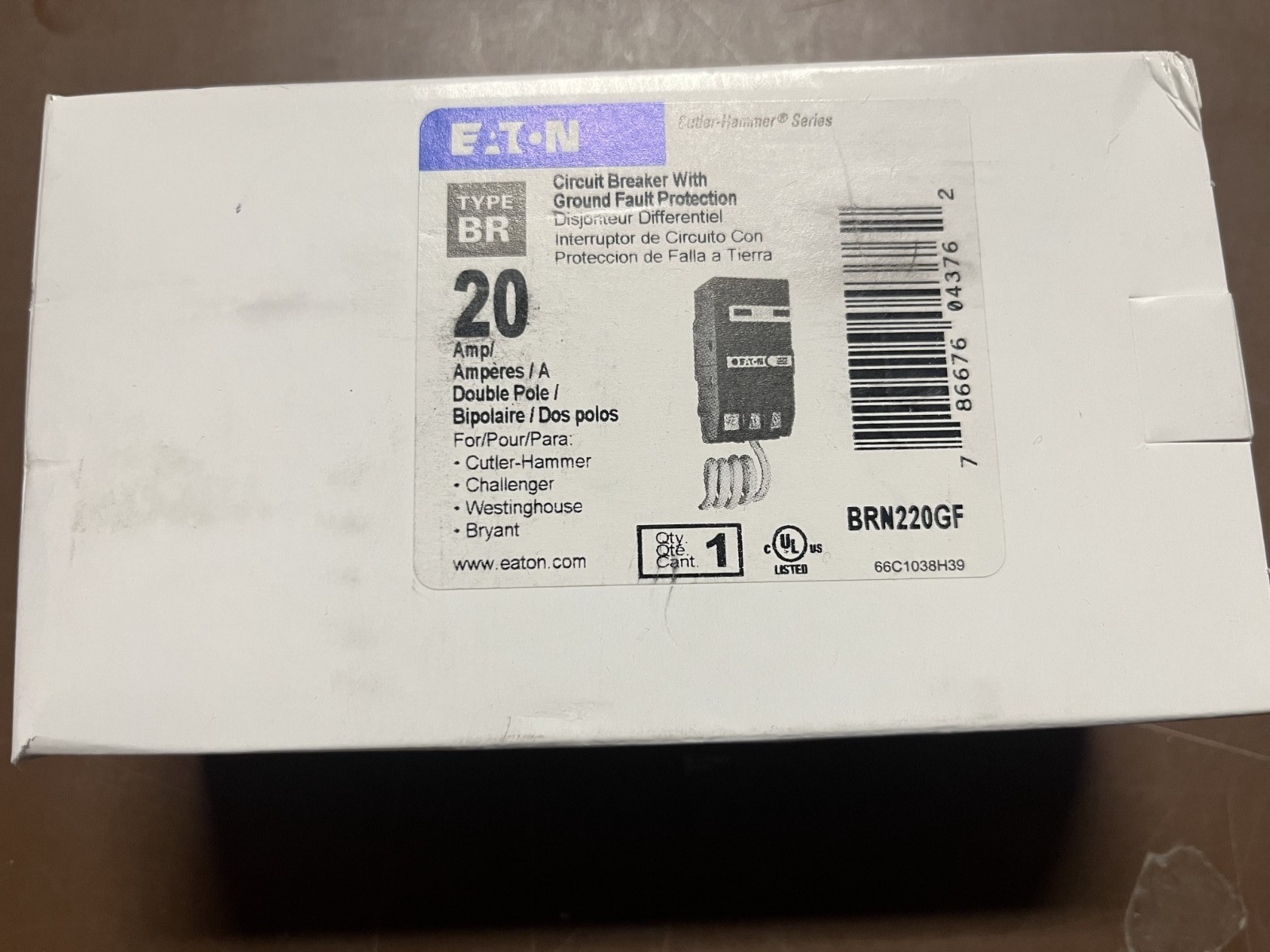 Eaton BRN220GF - BR 2 Pole 20A 120/240V Circuit Breaker Ground Fault NEW IN BOX