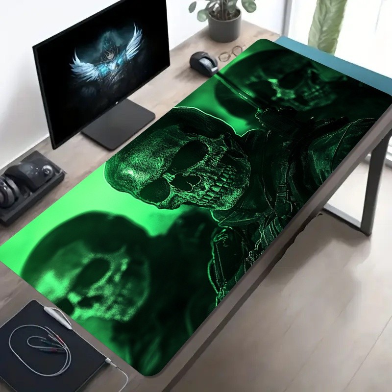 A Large Gaming Mouse Pad Featuring a Green-Toned Skull Warrior Art Design, with